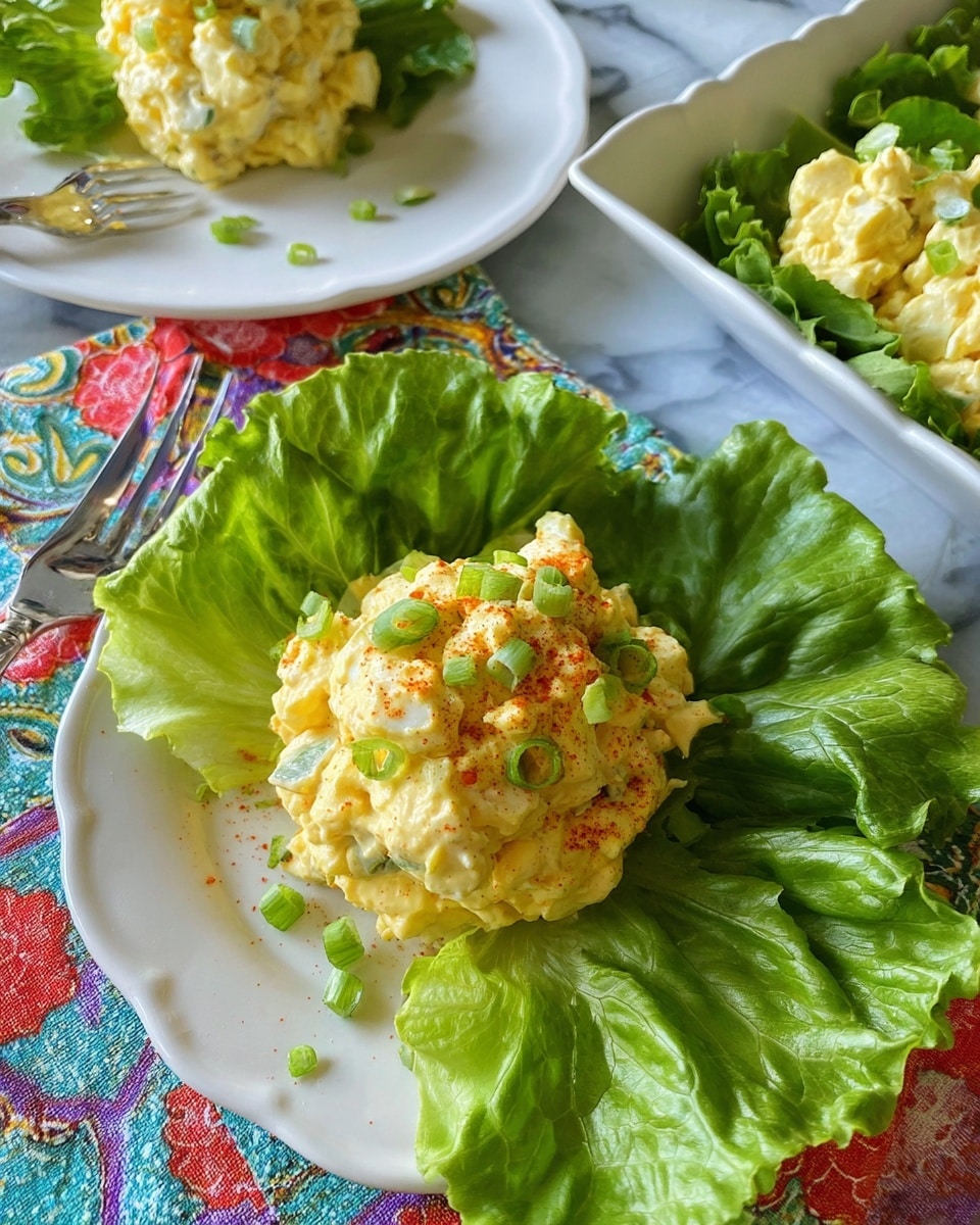 A white plate filled with a mound of creamy yellow egg salad with visible chunks of egg white and green bits, sprinkled with red paprika and topped with small green onion rings. The salad sits on a bed of fresh, bright green leafy lettuce that surrounds it, creating a crisp outer layer. Nearby, another white plate holds more of the egg salad, and a rectangular white dish contains more loose lettuce leaves. The whole setup is on a colorful patterned cloth over a white marbled surface. Photo taken with an iphone --ar 4:5 --v 7