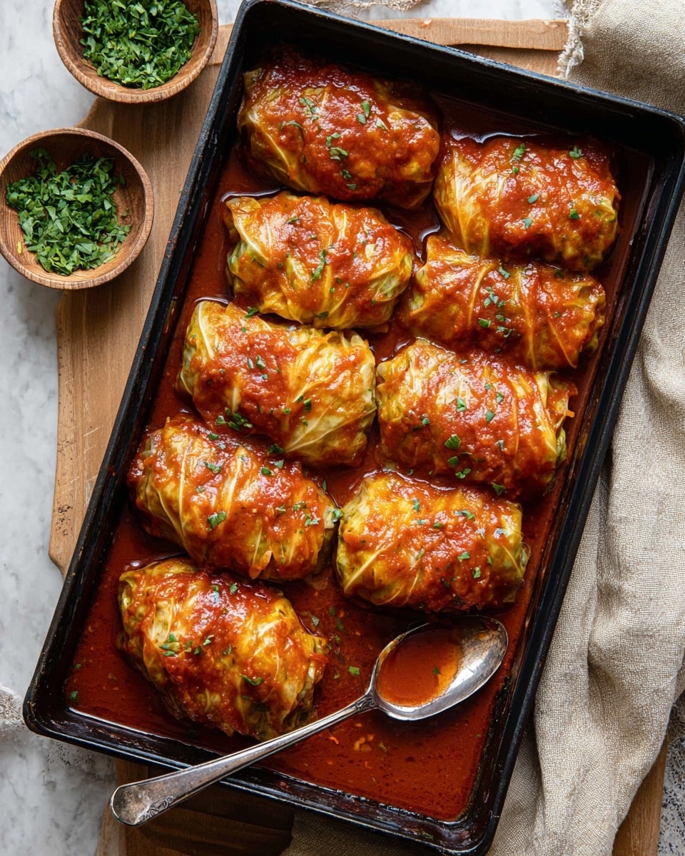 A black baking tray filled with ten golden-brown stuffed cabbage rolls arranged in three rows, all covered with a rich, shiny red tomato sauce that pools around them. The cabbage rolls have a slightly wrinkled texture and are sprinkled with small green herb bits. One silver spoon lies on the right side of the tray, partially resting on a cabbage roll and dipping into the sauce. To the left, there is a small wooden bowl with chopped green herbs, and the background is a white marbled texture. A beige cloth napkin is placed on the lower right corner. Photo taken with an iphone --ar 4:5 --v 7