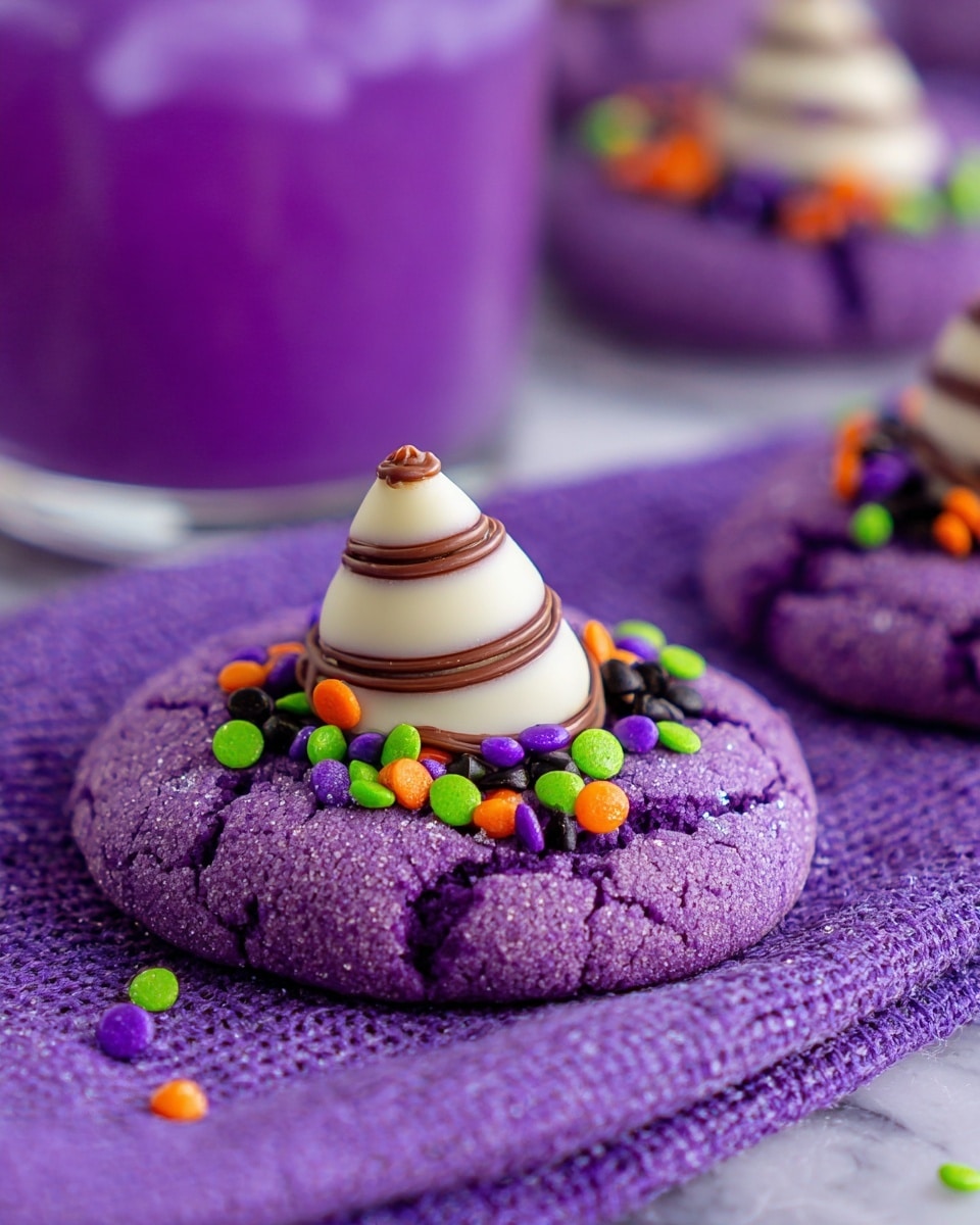 A vibrant purple cookie with a soft, cracked texture rests on a purple cloth. The cookie is topped with a white chocolate piece that has smooth brown stripes swirling around it in a cone shape, placed in the center. Around the white chocolate piece, there are small round sprinkles in bright green, orange, black, and purple colors, scattered mostly on the top of the cookie. In the background, there is another similar cookie and a blurry purple drink on a white marbled surface. photo taken with an iphone --ar 4:5 --v 7