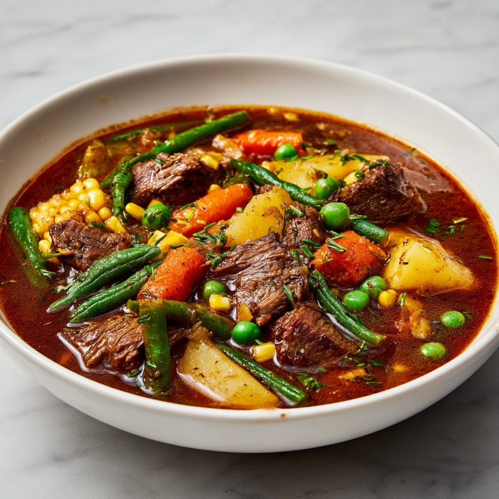 A white bowl filled with thick beef stew, showing many layers of ingredients in a rich brown-red broth. Large chunks of tender beef are mixed with pieces of orange carrots, bright green peas, green beans, yellow corn, and creamy white potato chunks. The stew looks hearty and chunky, with a slightly glossy surface, sitting on a white marbled texture. photo taken with an iphone --ar 4:5 --v 7