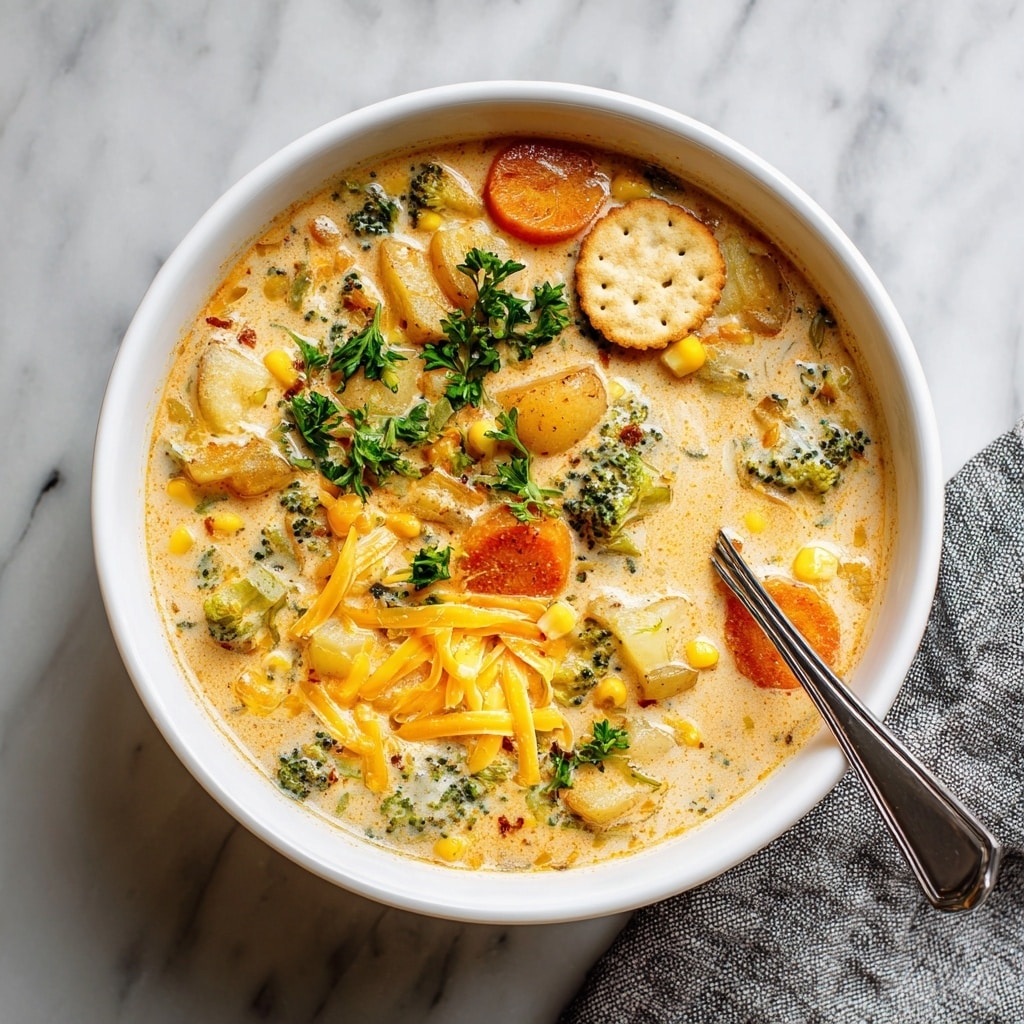 A white bowl filled with creamy vegetable soup showing visible layers of orange carrot slices, green broccoli florets, yellow corn kernels, and light yellow potato chunks, all mixed in a thick beige broth with herbs. On top, there is a small pile of shredded yellow cheese, scattered bright green parsley, and several round beige oyster crackers arranged near the center. A silver spoon rests inside the bowl at the bottom, and the bowl sits on a white marbled surface with a gray and white cloth beneath one side. Photo taken with an iphone --ar 4:5 --v 7