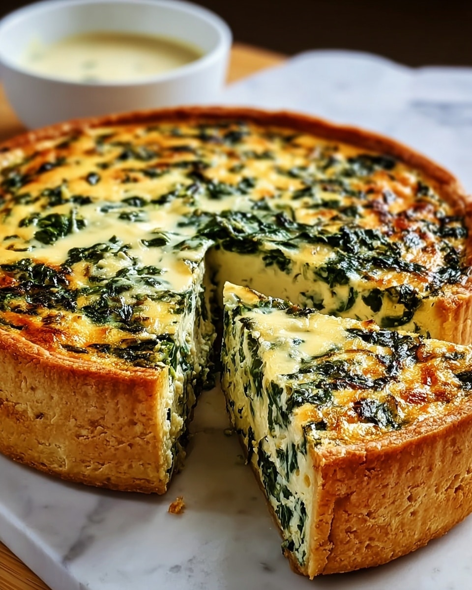 The image shows a round, tall quiche with a golden-brown crust and a thick filling. The quiche has two main layers: the bottom crust is light brown with a slightly crumbly texture, and the top filling is creamy yellow mixed with dark green spinach leaves evenly spread throughout. A wedge slice is removed, revealing the dense and textured interior full of spinach bits. In the background, there is a small white bowl with a light-colored sauce on a white marbled surface. The scene is lit warmly to highlight the shiny, baked surface of the quiche. Photo taken with an iphone --ar 4:5 --v 7