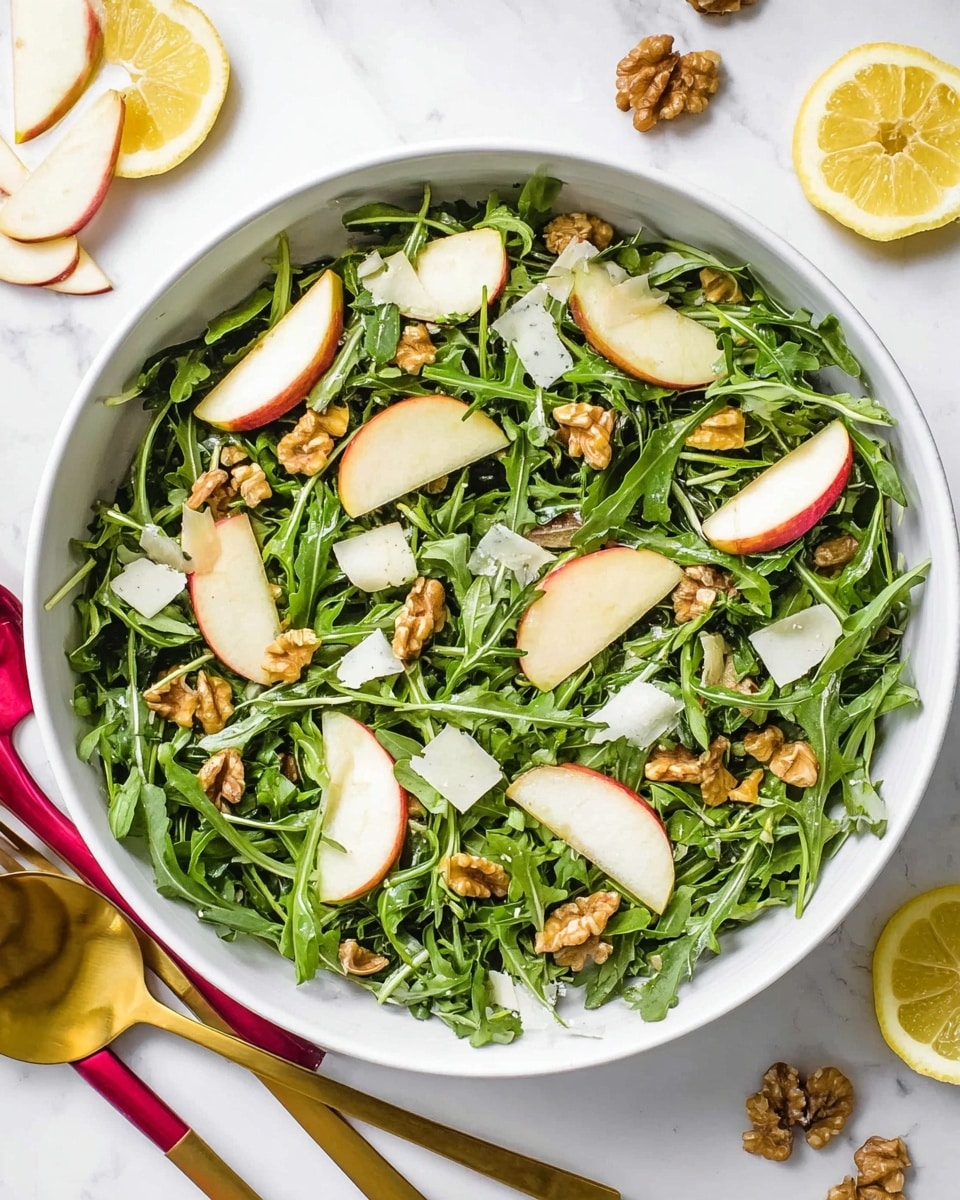 A white bowl filled with fresh green arugula leaves forms the base layer of this salad. On top, thin slices of red-skinned apple are scattered evenly, adding a soft pinkish-red contrast. Thin, off-white shavings of cheese are placed sporadically among the greens and apple slices, giving the salad a textured look. Small walnut pieces, light brown and uneven, are sprinkled throughout to add depth and color variation. The bowl is set on a white marbled surface, with lemon slices, apple slices, walnut pieces, and a gold salad spoon visible around it. photo taken with an iphone --ar 4:5 --v 7