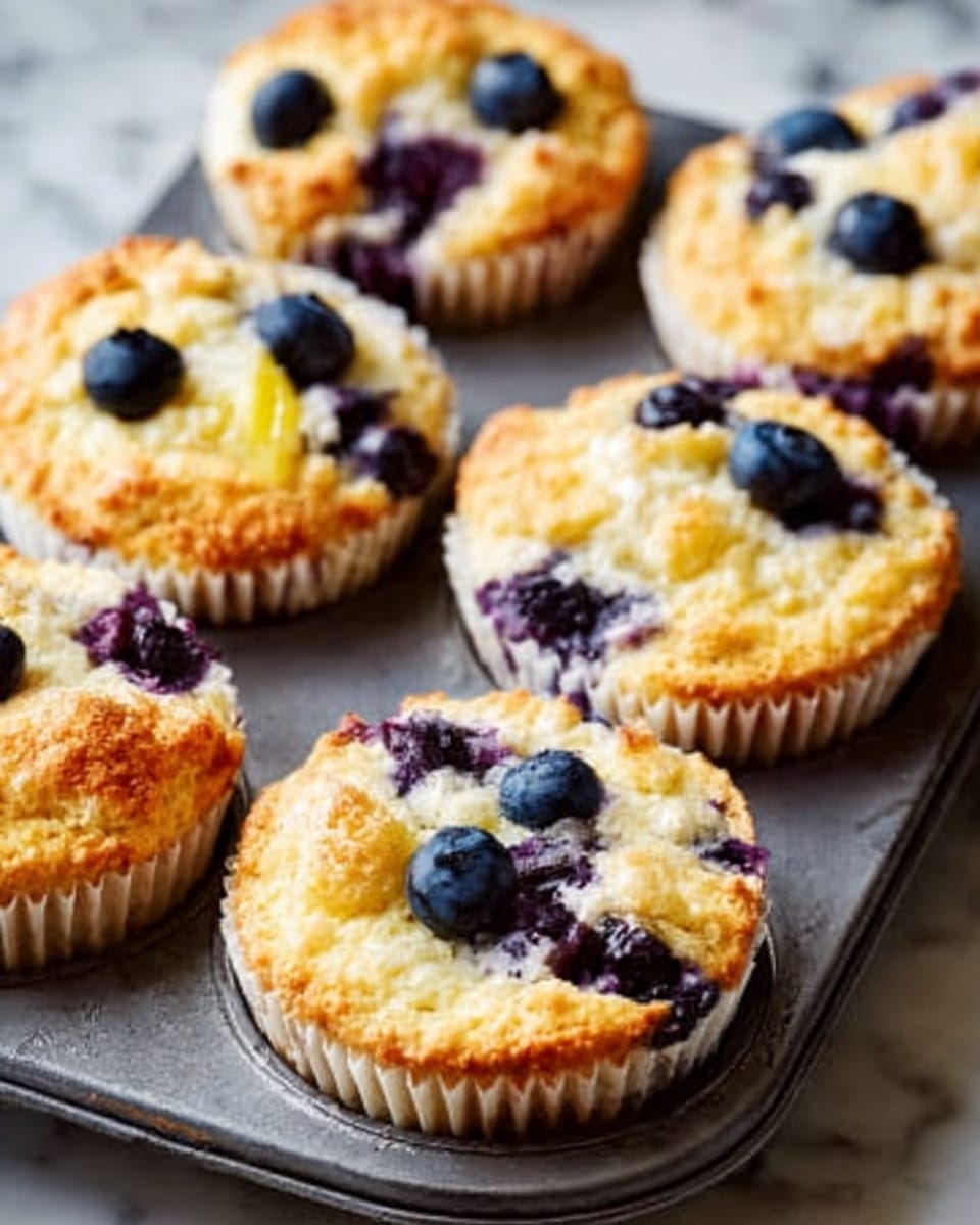 A close-up view of a muffin tray filled with six blueberry muffins, each muffin showing a golden-brown crust with blueberries scattered on top and inside. The muffins have a slightly rough texture with hints of melted butter and sugary spots, and the paper liners are white with faint vertical ridges around each muffin. The background is a white marbled surface, highlighting the warm and fresh look of the muffins. photo taken with an iphone --ar 4:5 --v 7