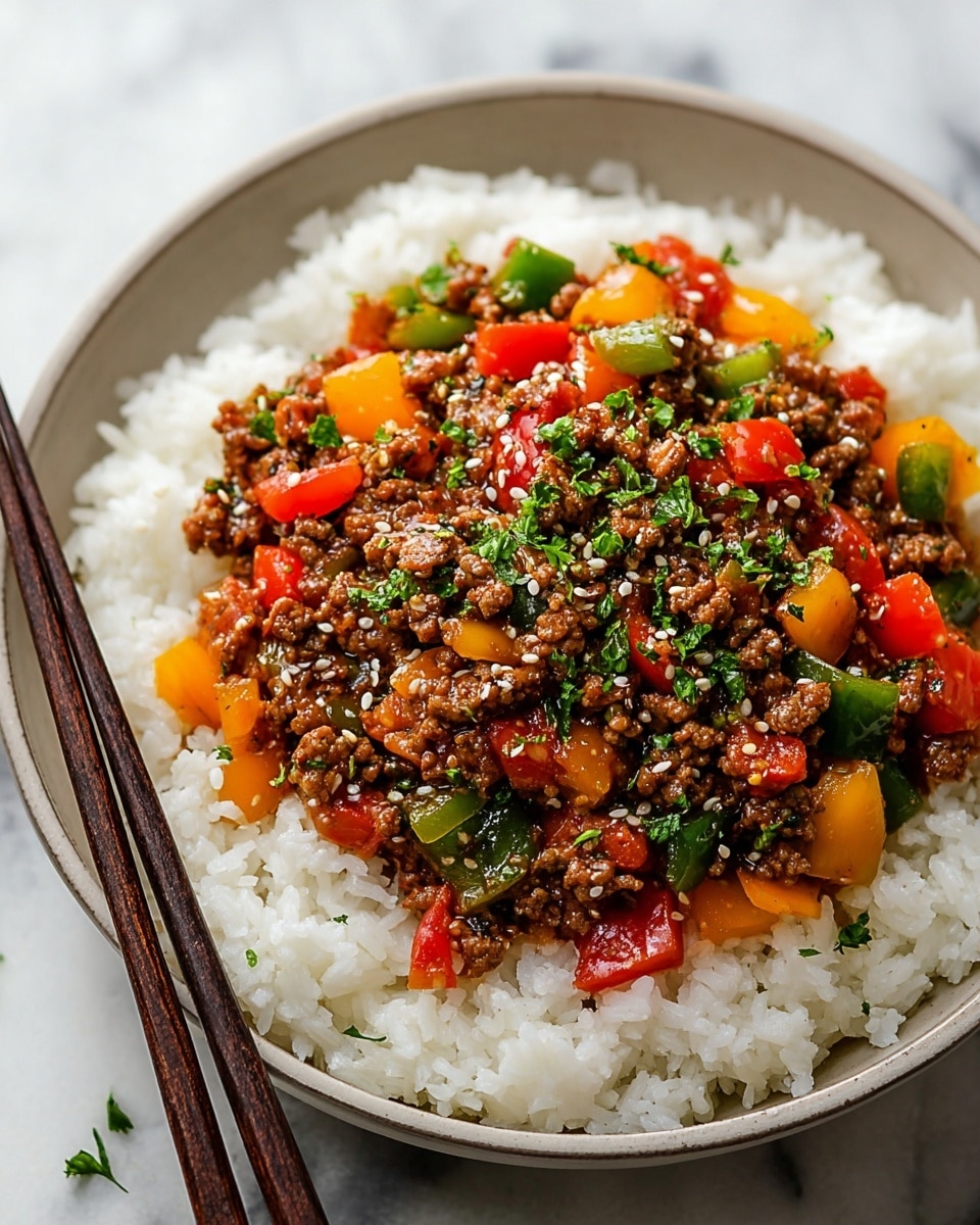 A white bowl filled with three layers is shown on a white marbled surface. The bottom layer is fluffy white rice, covering the whole base of the bowl. On top of the rice, there is a colorful cooked mixture of ground meat and chopped bell peppers in red, yellow, green, and orange shades, along with small pieces of onions; the meat looks browned and juicy with a slight glossy sauce coating. The dish is garnished with small white sesame seeds and finely chopped green herbs scattered evenly. Two dark brown chopsticks rest leaning against the bowl on the left side. Photo taken with an iphone --ar 4:5 --v 7