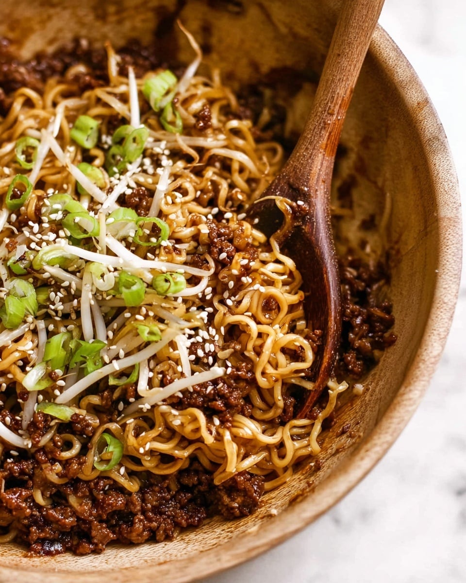 A close-up view of a bowl filled with stir-fried noodles that have a shiny, golden-brown color, intertwined with small pieces of dark brown cooked ground meat. On top, there are fresh green sliced scallions and a sprinkling of white sesame seeds. Thin, light-colored bean sprouts are mixed throughout the noodles, adding texture. A wooden spoon rests inside the bowl, partially covered with the noodles and meat. The bowl is white and sits on a white marbled surface. Photo taken with an iphone --ar 4:5 --v 7
