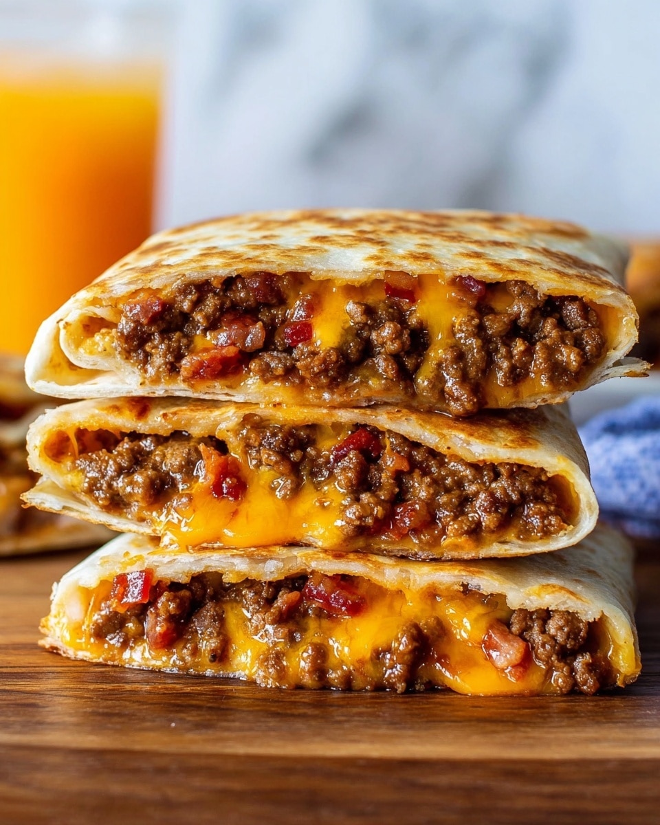 The image shows a stack of three folded quesadillas placed on a wooden surface with a white marbled texture in the background. Each quesadilla has a golden-brown, slightly crispy outer tortilla layer forming the top and bottom. Inside, there are two main filling layers: a rich, dark brown ground beef mixed with finely chopped bits of red, likely bacon, and a melted cheddar cheese layer with an orange-yellow color that oozes slightly from the edges. The layers are thick and densely packed, with the cheese blending into the meat, creating a gooey texture. The quesadillas are cut in half, showing their filled cross-section clearly. On the left side, a white dish of red sauce is slightly visible, and on the right, a blurry glass of orange liquid adds contrast to the scene. Photo taken with an iphone --ar 4:5 --v 7