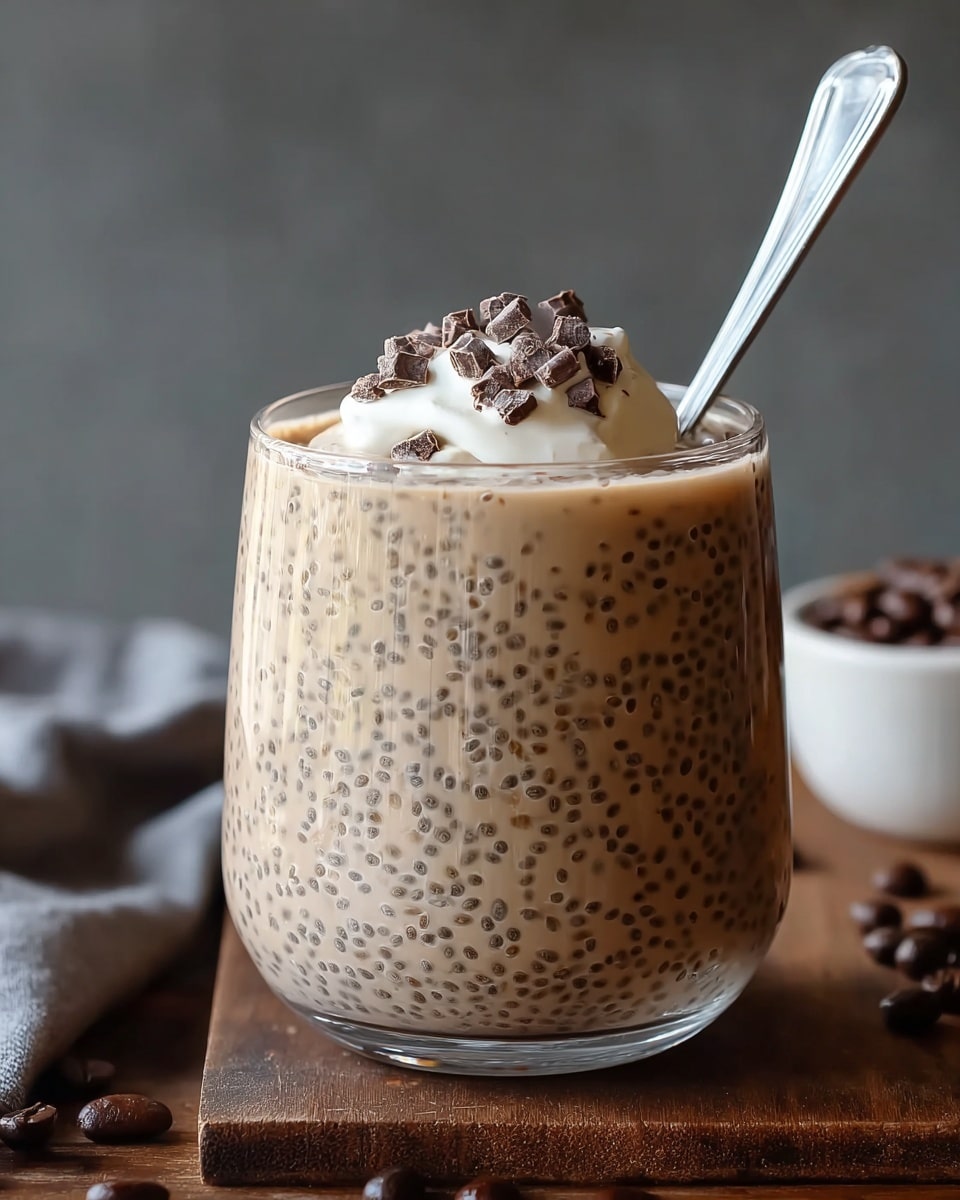 A clear glass filled with a creamy light brown drink with small dark specks evenly spread throughout, likely chia seeds, topped with a dollop of light cream and sprinkled with small chocolate chunks. A silver spoon rests inside the glass, and the glass is placed on a dark wooden surface with scattered coffee beans around it, set against a soft blurred gray background. photo taken with an iphone --ar 4:5 --v 7