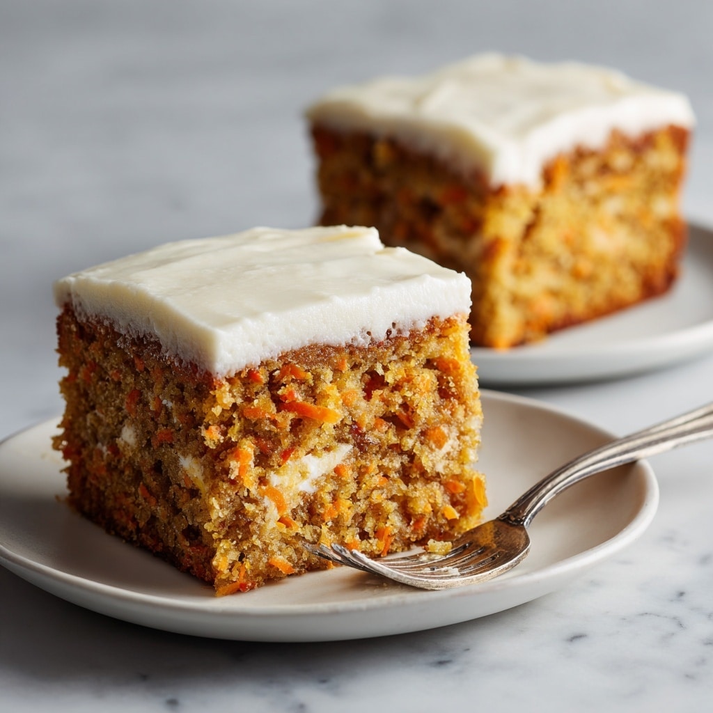 The image shows a glass baking dish filled with thick rectangular slices of carrot cake topped with a smooth layer of cream-colored frosting with small bits of carrot visible under the icing. One piece is missing from the dish, and a slice with frosting sits on a white plate beside it. On the plate, a fork holds a bite of the moist, crumbly cake with visible orange carrot bits and nuts. The background is a white marbled surface partially covered with a white crocheted cloth. A metal spatula with a grey handle rests beside the baking dish. Photo taken with an iphone --ar 4:5 --v 7