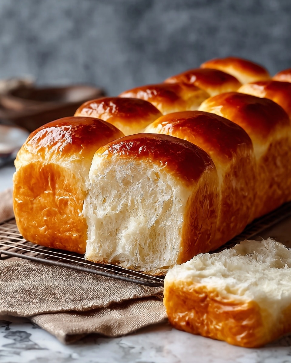 A loaf of soft bread made up of twelve golden brown rolls tightly packed in three rows of four on a white marbled surface, each roll having a shiny, smooth top that looks slightly puffy. One slice has been cut and placed in front of the loaf, showing a fluffy, light cream-colored inside with a delicate, airy texture. The loaf sits on a wire rack with a coarse beige cloth partially visible around it, against a blurred grey background. Photo taken with an iphone --ar 4:5 --v 7