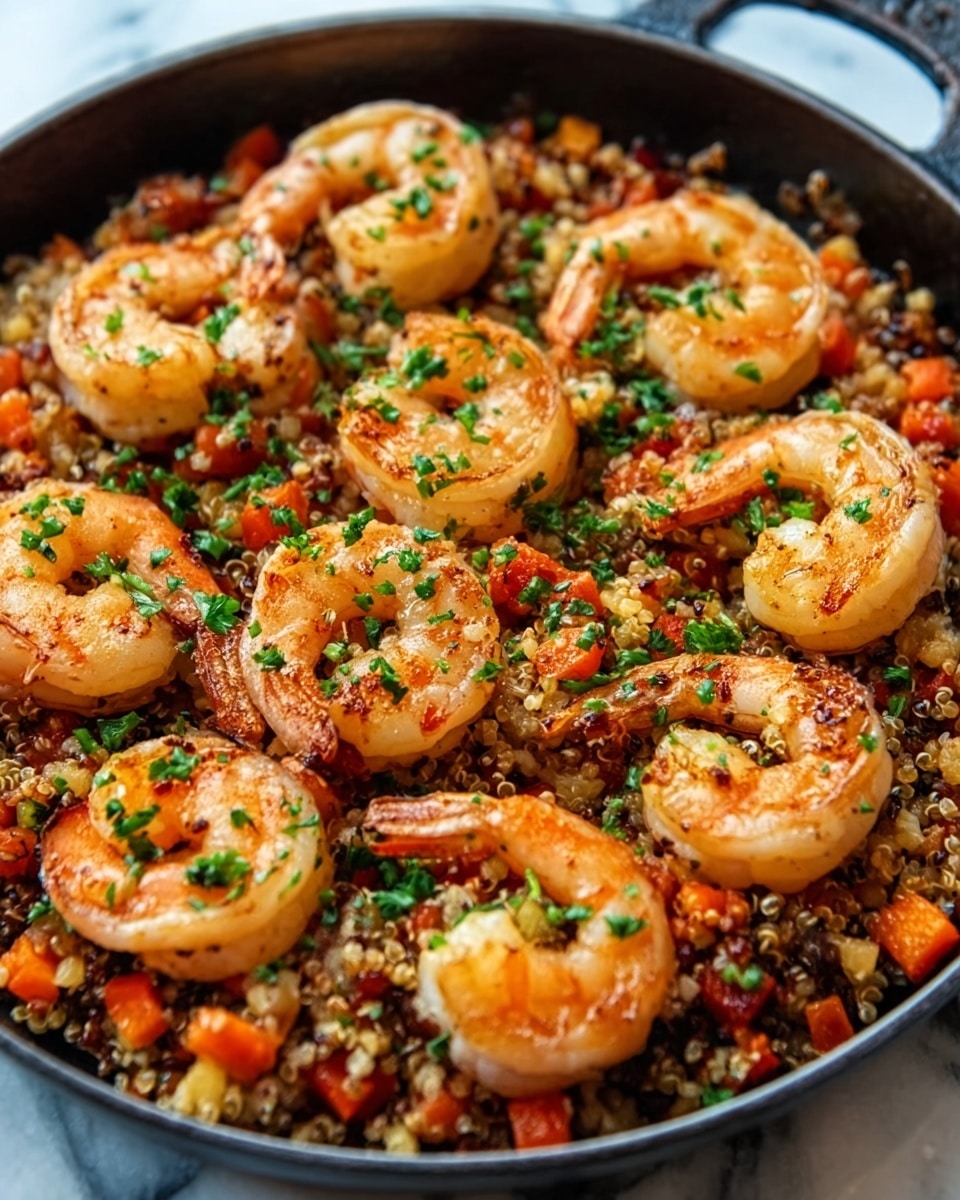 A close-up image of a black pan filled with cooked shrimp on top of a bed of mixed grains and vegetables. The bottom layer consists of small grains with diced red and orange vegetables scattered throughout. The shrimp are arranged evenly over the grains, showing a pink-orange color with a slightly glossy texture. Chopped green herbs are sprinkled lightly over the shrimp and grains, adding a fresh touch. The pan sits on a white marbled surface. Photo taken with an iphone --ar 4:5 --v 7