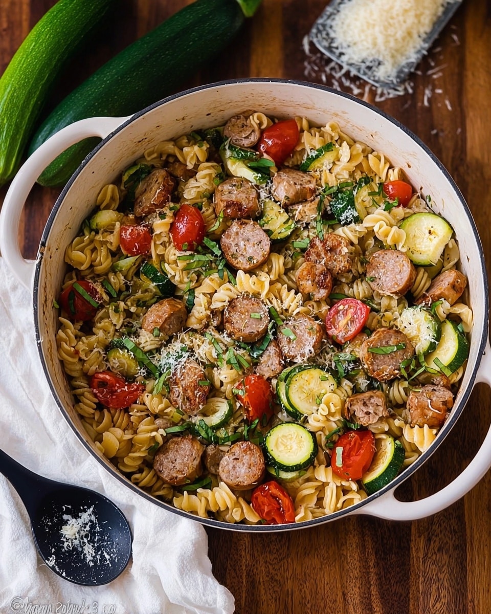 A white pot filled with a one-layer pasta dish consisting of light golden curly pasta shapes mixed evenly with slices of browned sausage, green zucchini half-moons, and halved red cherry tomatoes. The dish is garnished with small bits of fresh green herbs and a light dusting of grated cheese on top. The pot sits on a wood surface with a dark grey spoon holding extra grated cheese nearby, a whole zucchini in the background, and a white cloth with a black pattern partially visible. The setting has a white marbled textured background. photo taken with an iphone --ar 4:5 --v 7