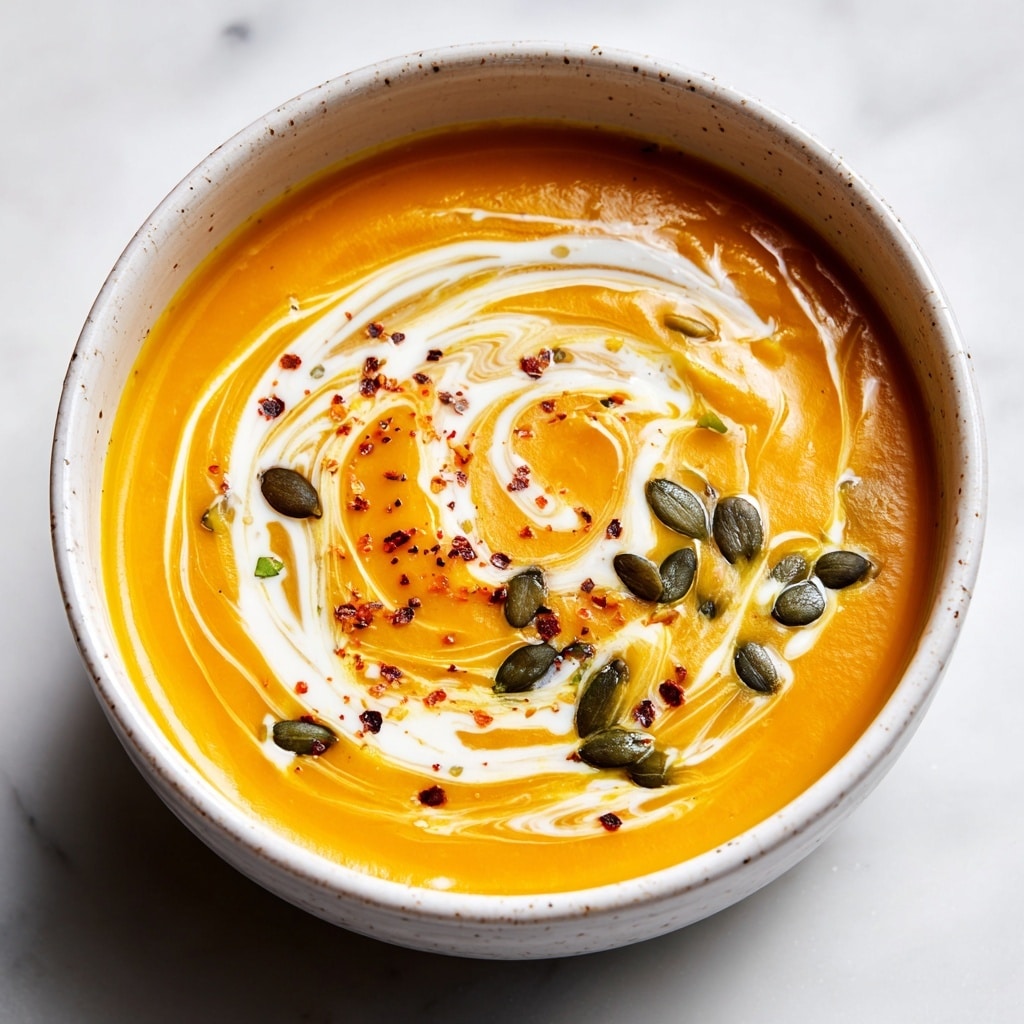 The image shows a white pot filled with smooth, orange soup that has a creamy texture. The soup has a swirl of white cream on top, arranged in an arc shape close to the center. Scattered around the cream are small red spice specks, adding color contrast. The pot has a thick rim and two handles, one of which is slightly visible. Next to the pot, there are two slices of toasted bread with a golden-brown color and some green herbs on top. The pot and bread are placed on a white marbled textured surface, with a small beige cloth also visible. photo taken with an iphone --ar 4:5 --v 7