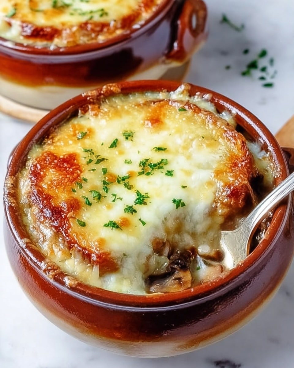 Two white ceramic soup bowls filled with French onion soup are shown on a white marbled surface. Each bowl holds a rich dark brown onion soup base, topped with a thick toasted bread slice that covers the surface. The bread is covered in a thick, gooey layer of melted cheese that is white with golden brown spots. Small green parsley bits are sprinkled on the cheese. A spoon rests inside the bowl in the front, partially lifting the bread and cheese, revealing the soup underneath. The scene captures a warm and hearty dish meant to be enjoyed hot. Photo taken with an iphone --ar 4:5 --v 7