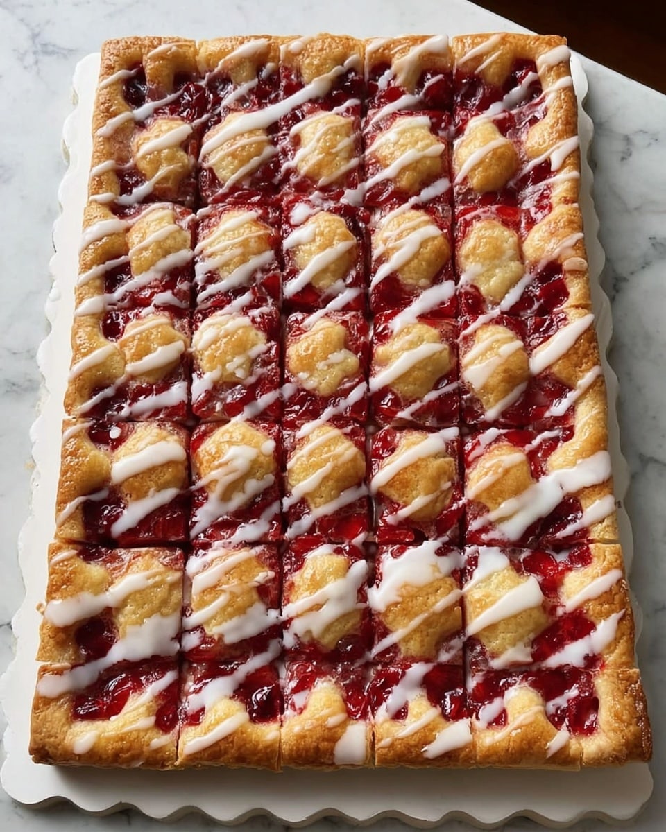 A rectangular tart is shown, cut into 30 square pieces arranged in 5 rows and 6 columns. The bottom layer is a golden-brown pastry crust with a slightly raised edge all around. The middle layer is a thick, bright red cherry filling with visible cherry pieces spread evenly across the crust. On top, there are irregularly shaped, small golden crust pieces scattered in a grid-like manner, slightly baked with a soft texture. A white glaze is drizzled unevenly over the entire tart, creating a glossy contrast against the red filling and golden crust. The tart is placed on a white scalloped-edge tray sitting on a white marbled surface. photo taken with an iphone --ar 4:5 --v 7
