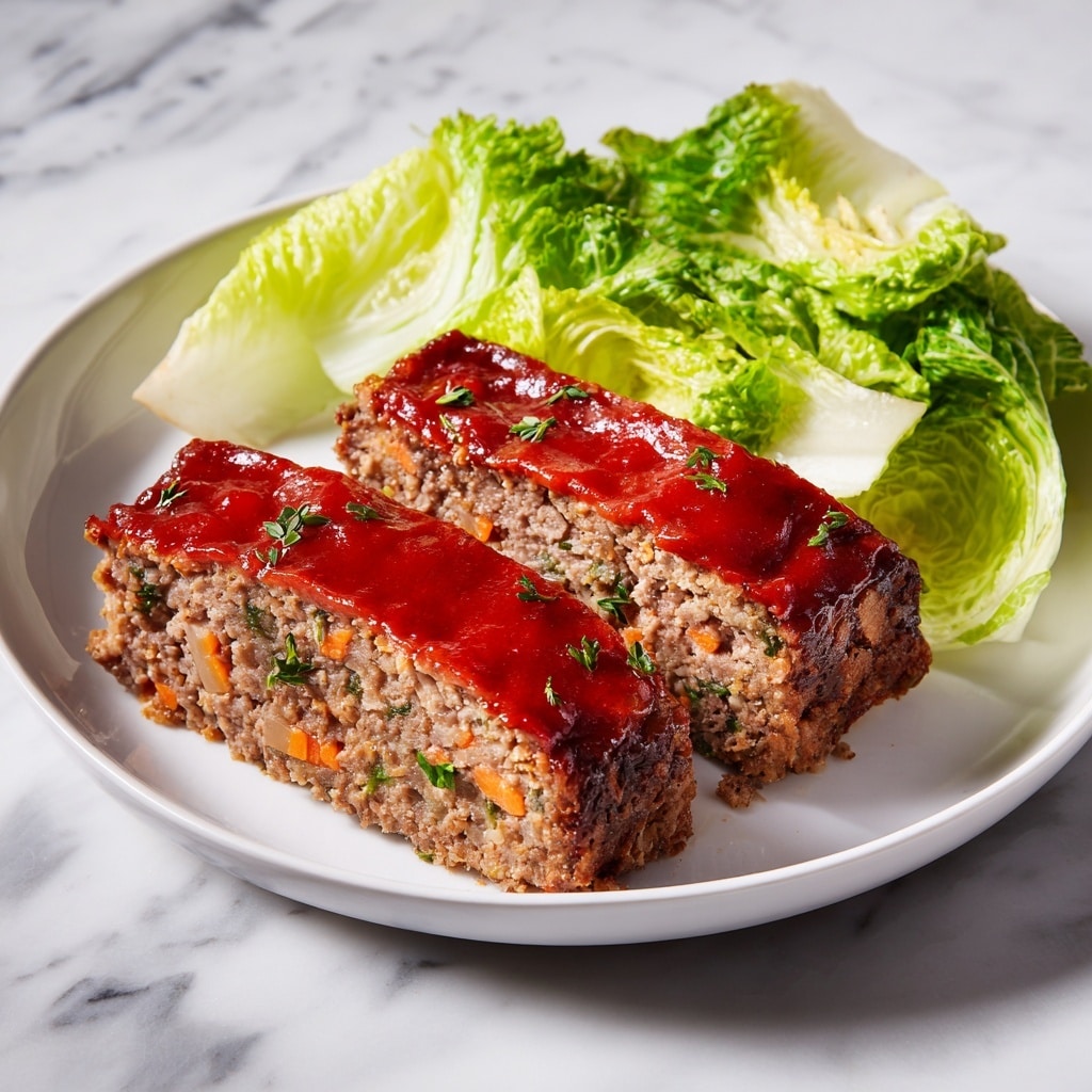 The dish shows two slices of meatloaf on a white plate, each slice with three visible layers. The bottom layer is a coarse, brown ground meat mixed with tiny orange bits of carrot and green herbs. The middle layer is a thick, shiny, red tomato glaze covering the top of each slice. The top layer is a lighter mix of ground meat with some visible small bits of onion and herbs. Next to the meatloaf is a pile of pale green, crinkled lettuce leaves. The plate sits on a white marbled surface. Photo taken with an iphone --ar 4:5 --v 7
