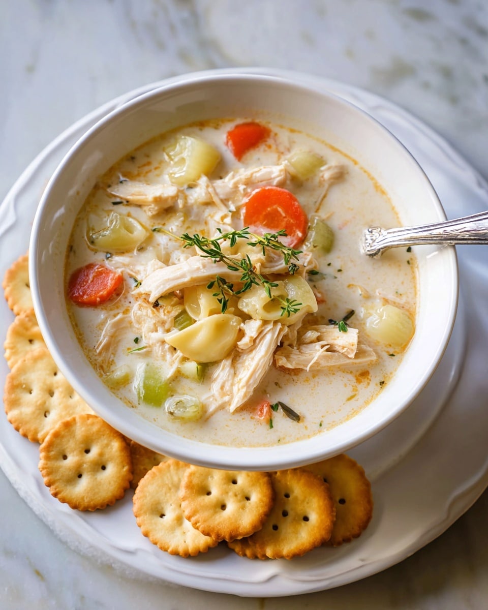 A close-up of a creamy chicken noodle soup in a large white pot with a reddish outer edge, showing a ladle full of thick, pale beige soup with visible pieces of shredded chicken, soft egg noodles, small orange carrot slices, and bits of celery, all mixed together in a smooth, slightly speckled broth. The soup looks rich and comforting, and the background is a white marbled texture. photo taken with an iphone --ar 4:5 --v 7