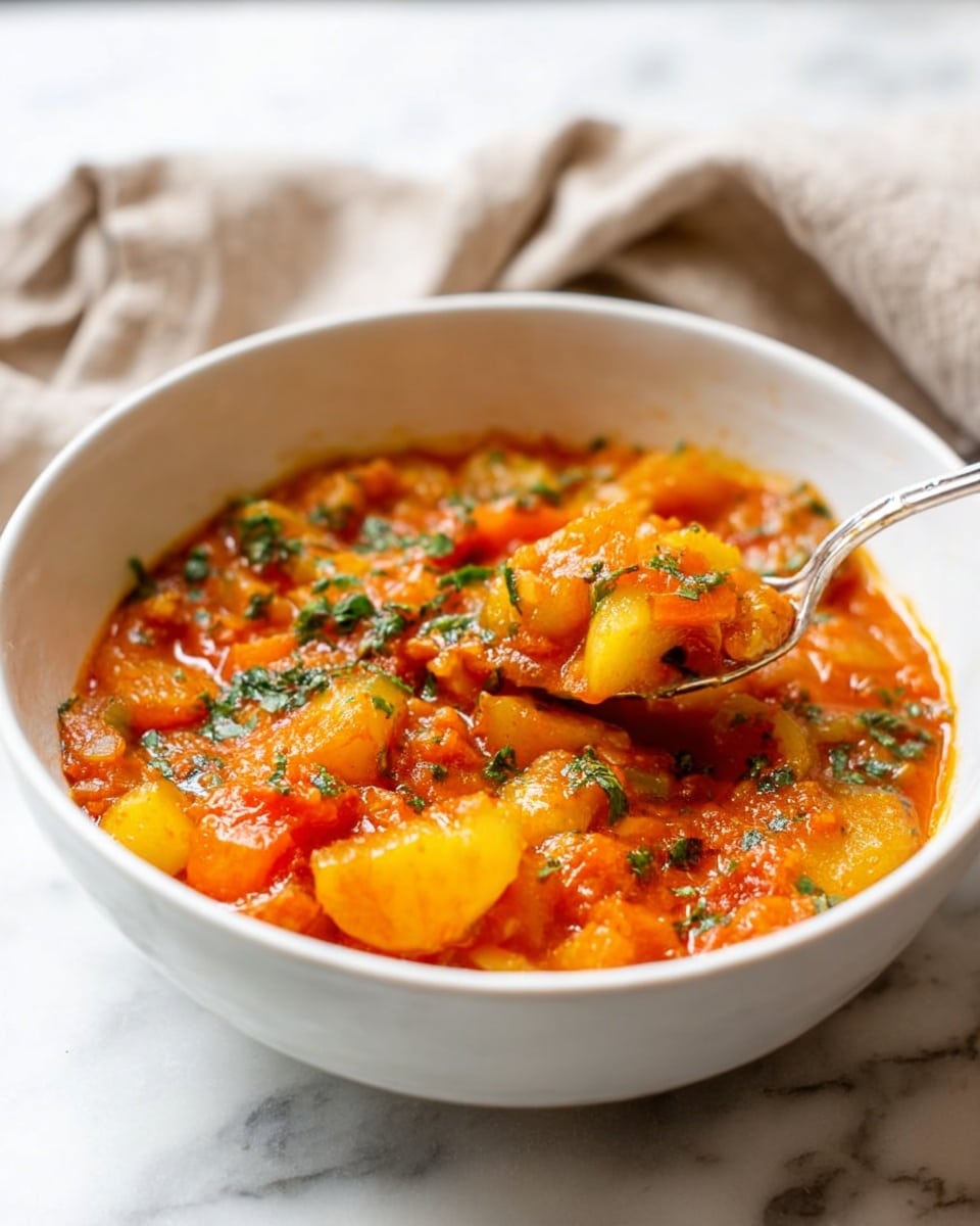A white bowl filled with thick vegetable stew that has three main layers: the bottom layer is a chunky mix of yellow and orange pieces, likely squash or potatoes, the middle layer is a rich orange-red sauce that covers the vegetables, and the top layer has small green herb pieces sprinkled evenly across the surface. A silver spoon is resting in the bowl with part of the stew scooped up. The bowl is placed on a white marbled surface, with a beige cloth partially visible in the back. Photo taken with an iphone --ar 4:5 --v 7