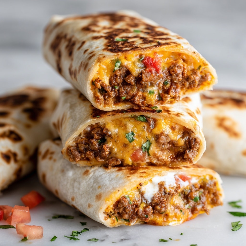 The image shows close-up burritos stacked together on a white marbled surface, each wrapped in a soft, lightly toasted tortilla with brown spots. Inside the top burrito, there is a layer of browned ground meat mixed with small green herbs and diced red tomatoes, covered by a melted layer of orange and white cheese that looks creamy and gooey. Below the top burrito, another burrito shows a similar filling with some white sour cream visible along its edges, and small pieces of fresh tomato and green herbs are scattered around. The textures include the grainy, juicy meat, smooth melted cheese, and soft, warm tortillas. photo taken with an iphone --ar 4:5 --v 7