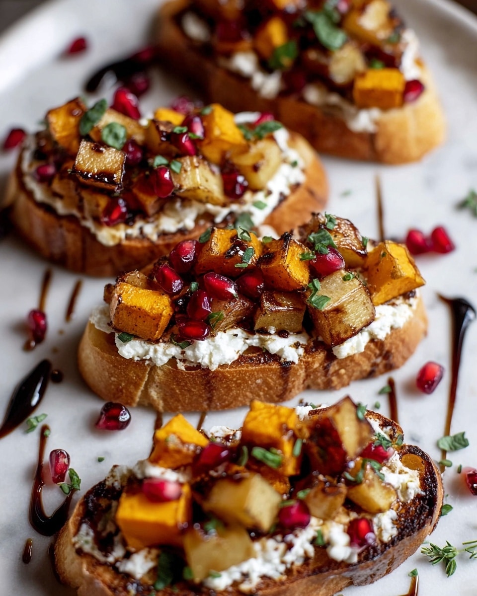 This image shows four slices of toasted bread on a white marbled surface, each topped with a layer of white creamy cheese. On top of the cheese, there are small cubes of roasted golden orange butternut squash and browned potatoes. Scattered bright red pomegranate seeds add pops of color on each slice. The toasts are garnished with small green herb pieces, and the arrangement is finished with dark brown balsamic glaze lines on the surface. The close-up photo is taken with an iphone --ar 4:5 --v 7