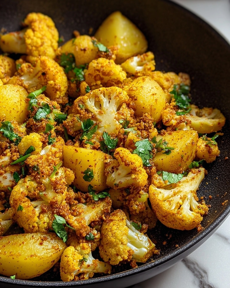 A close-up view of a cooked dish inside a black frying pan, showing about two layers. The first layer is golden-yellow cauliflower florets with a slightly grainy texture, mixed with yellow potatoes that have a soft and smooth surface. Scattered green herbs are sprinkled on top, adding contrast. The vegetables are coated in a light yellowish-brown spice mix, giving them a warm and flavorful look. The background features a white marbled texture. Photo taken with an iphone --ar 4:5 --v 7