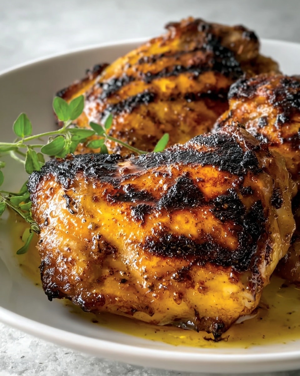 A close-up of two pieces of grilled chicken thighs placed on a white plate, showing the crispy, charred skin with dark brown and black grill marks. The chicken skin is golden yellow and slightly shiny with juices pooling at the bottom. Fresh green herb sprigs sit behind the chicken for garnish. The plate is set on a white marbled texture background. photo taken with an iphone --ar 4:5 --v 7