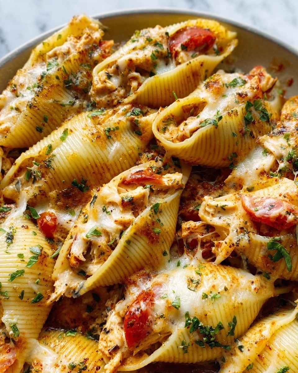 The image shows a close-up of large white pasta shells filled with a creamy mixture that looks like chicken and cheese. The pasta shells are placed side by side on a white plate, each shell stuffed generously, with melted cheese melted over the top, giving a gooey, slightly browned texture. Small pieces of red tomato and green herbs are sprinkled over the dish, adding pops of color among the golden-brown cheesy tops. The dish looks warm, creamy, and hearty, set against a white marbled background. Photo taken with an iphone --ar 4:5 --v 7