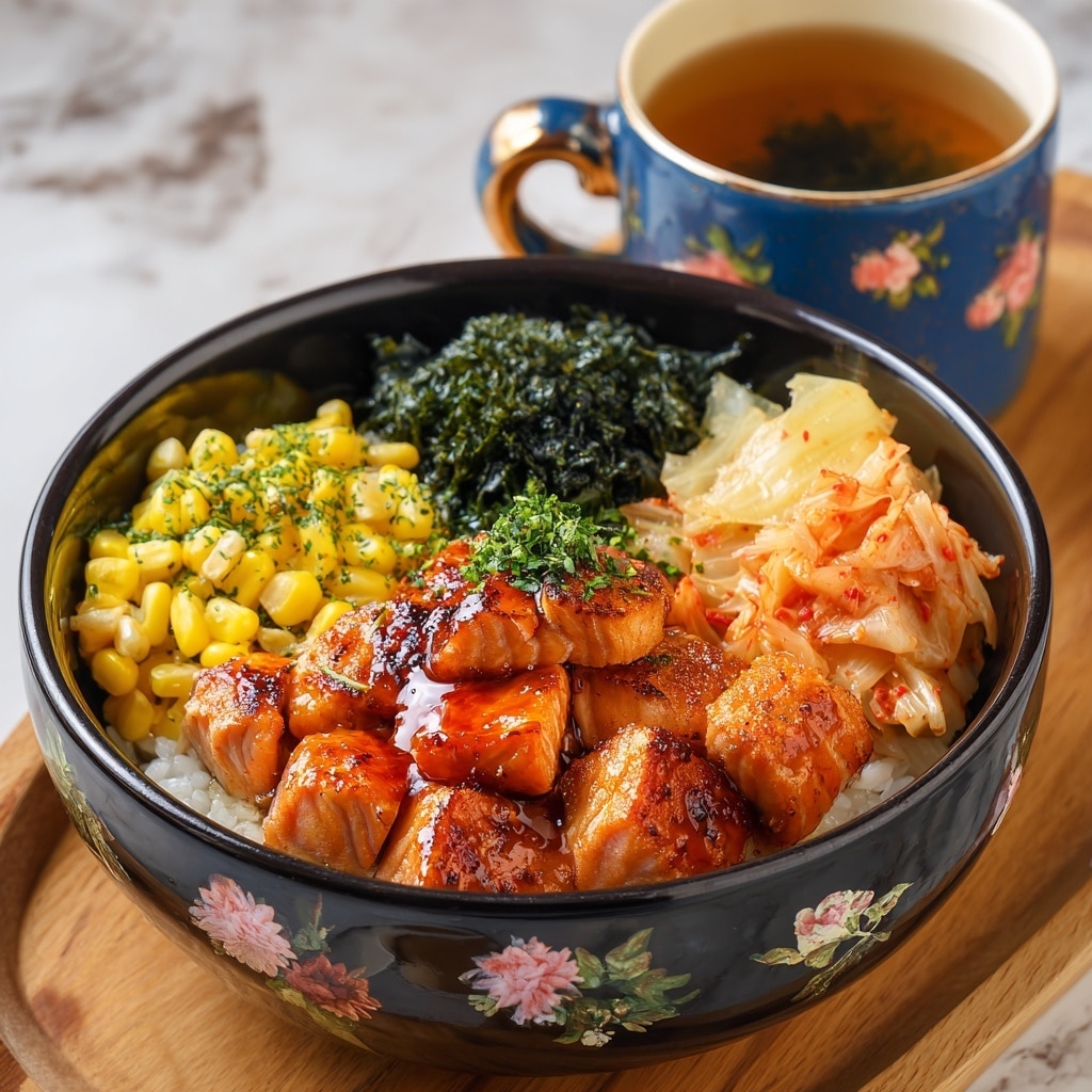 A round bowl with a dark brown rim is filled with layers of food. The bottom layer is white rice, partially hidden. On top, there are four sections: grilled salmon pieces with a shiny brown glaze in the center, dark green seaweed with sesame seeds to the left, creamy yellow corn mixed with herbs at the bottom, and light pink kimchi on the right. The textures vary from soft rice to crispy seaweed and tender salmon. The bowl sits on a white marbled surface with a wooden spoon and chopsticks nearby. photo taken with an iphone --ar 4:5 --v 7
