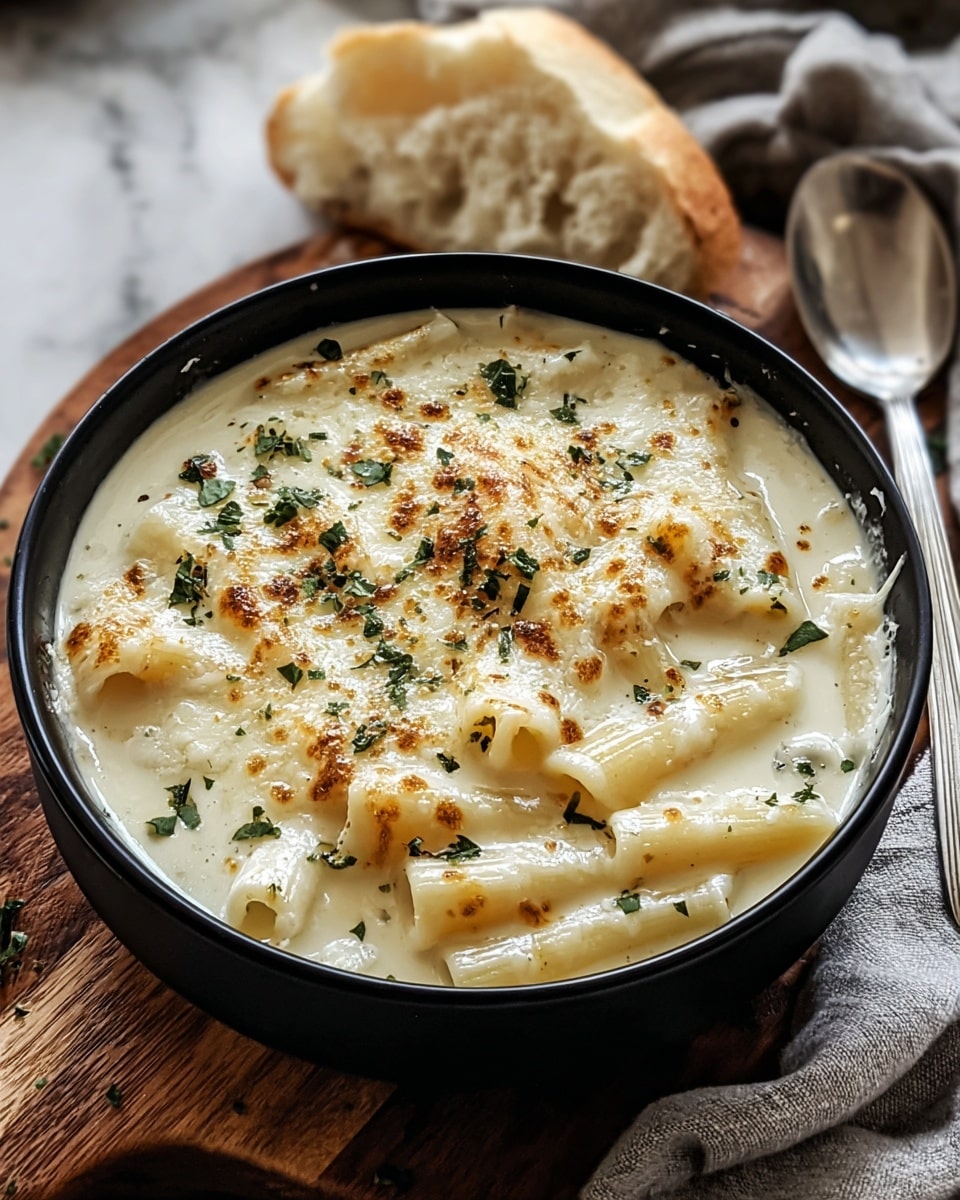 A black bowl filled with creamy white pasta soup showing tubed pasta partially covered by thick white sauce with a slightly browned, toasted cheese top layer, sprinkled with small green herbs spread evenly. The bowl sits on a rustic brown wooden board placed over a white marbled surface, with a piece of torn white bread on the board next to the bowl and a silver spoon on the right edge. A light gray cloth is draped casually next to the bowl. photo taken with an iphone --ar 4:5 --v 7