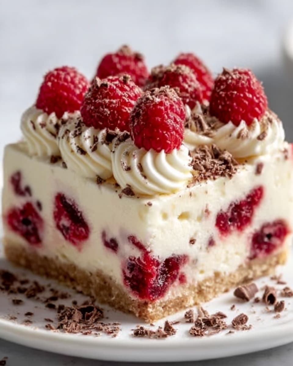 The image shows a square piece of creamy dessert with three visible layers. The bottom layer is a light brown crumbly crust. The middle layer is thick and white, filled with whole red raspberries spread evenly inside. The top layer is a smooth white cream, decorated with swirls of whipped cream, fresh raspberries, and small dark chocolate curls sprinkled over. The dessert is placed on a white marbled surface, and the photo taken with an iphone --ar 4:5 --v 7