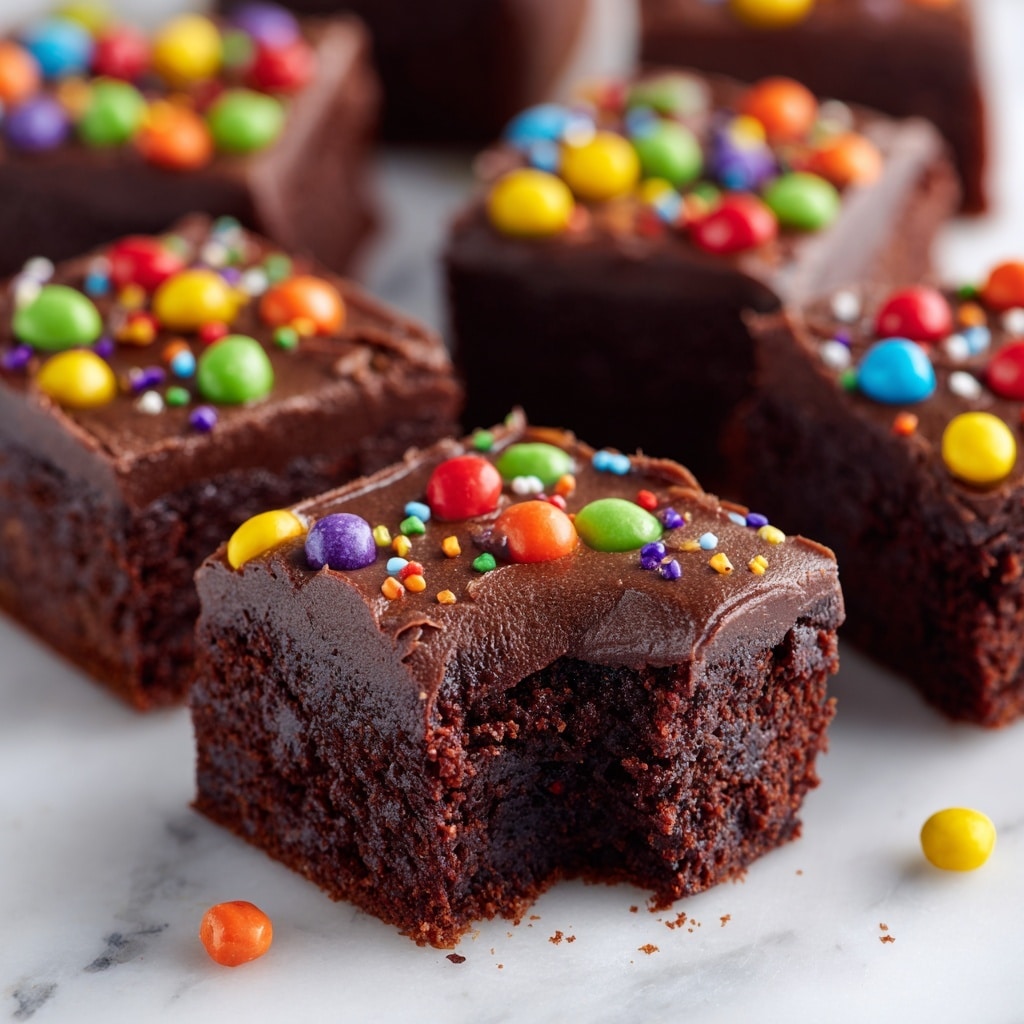 The image shows several square chocolate brownies on a white marbled surface. Each brownie has a thick, smooth layer of dark chocolate frosting on top, decorated with bright, round candy sprinkles in red, yellow, orange, green, blue, and purple. One brownie in the front has a bite taken out of it, revealing a dense, moist, dark brown inside. The brownies are arranged close together, with some sprinkles scattered around them on the surface. Photo taken with an iphone --ar 4:5 --v 7