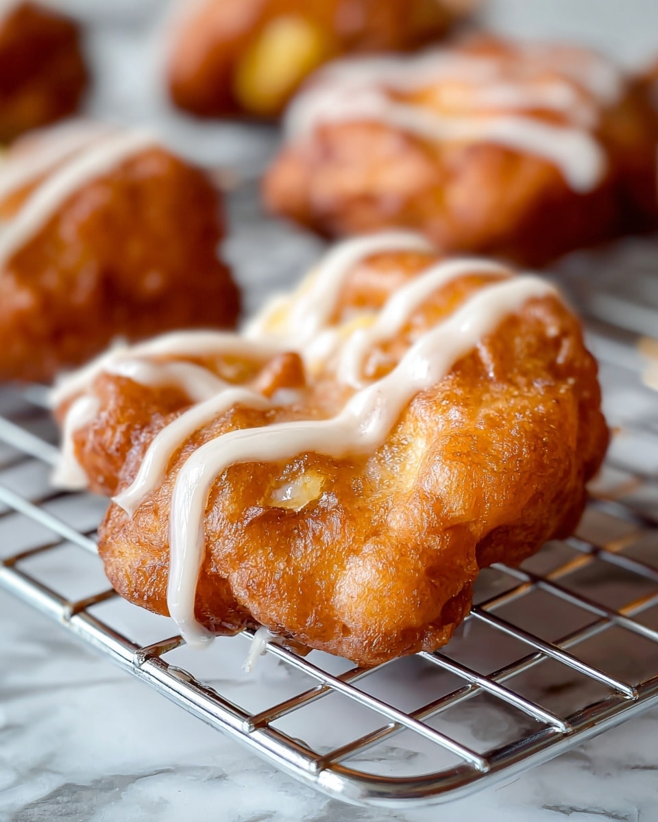 The image shows a close-up of several small baked treats with a golden-brown, slightly crispy outer layer and a soft, yellowish inside. Each piece is irregularly shaped and topped with a light, creamy off-white drizzle that looks smooth and thick. They are cooling on a silver metal wire rack placed over a surface with white marbled texture. The baked treats have a textured, uneven surface that highlights their homemade look. photo taken with an iphone --ar 4:5 --v 7