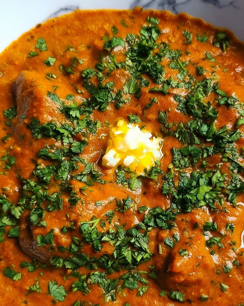 The image shows a close-up of a thick orange curry with a creamy texture, dotted with pieces of food submerged in the sauce. The curry is topped with scattered green chopped herbs, giving a fresh look. A woman's hand is holding a spoon dipped into the curry, lifting a small portion with a visible swirl of cream or butter mixing in. The dish sits on a white marbled surface. Photo taken with an iphone --ar 4:5 --v 7