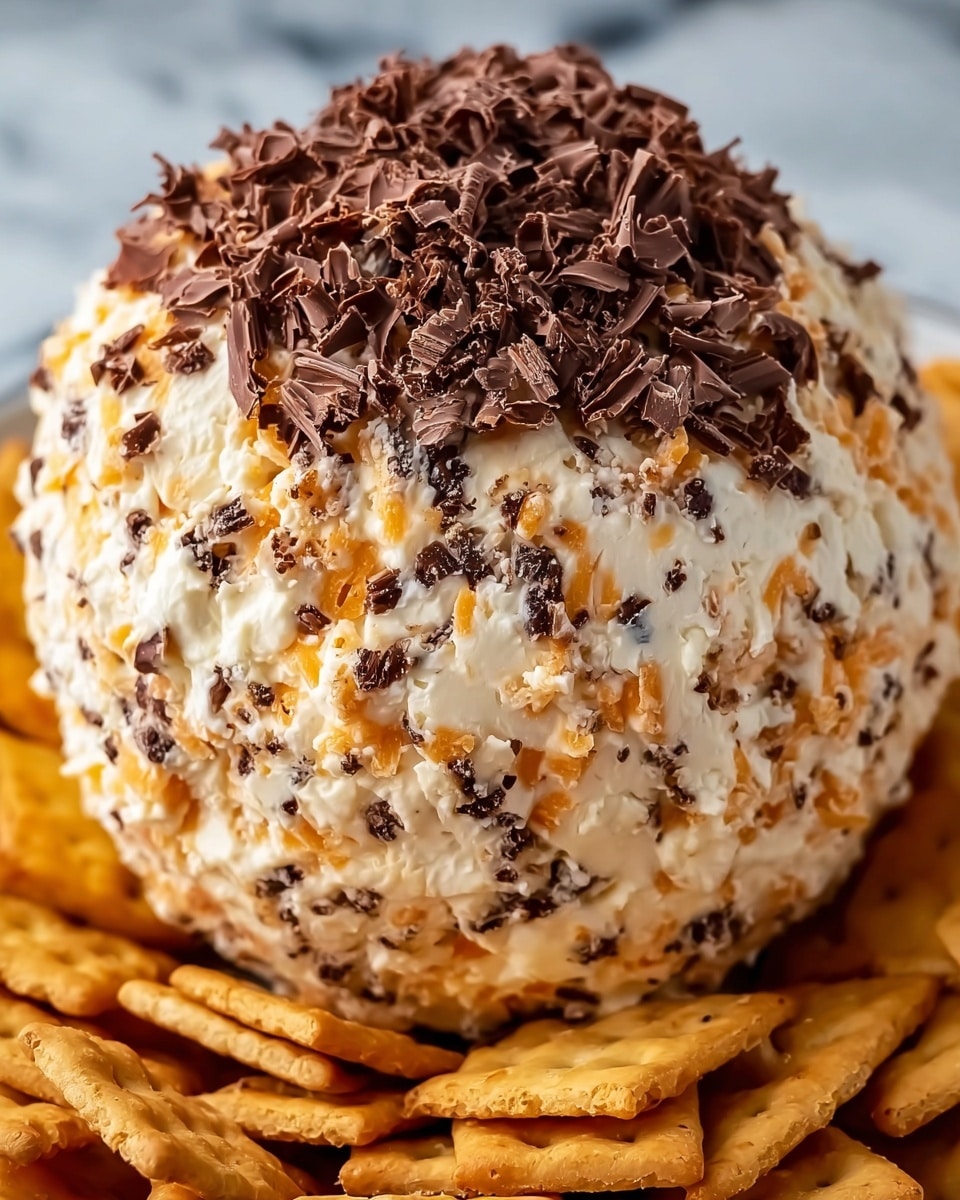 A round cheese ball with a rough texture made of mixed creamy white cheese and orange shredded cheese, speckled with small dark brown bits inside. The top is covered with curled dark brown chocolate shavings, adding depth and contrast. The ball sits on a bed of many golden brown crackers arranged around its base. The background is a white marbled texture. photo taken with an iphone --ar 4:5 --v 7