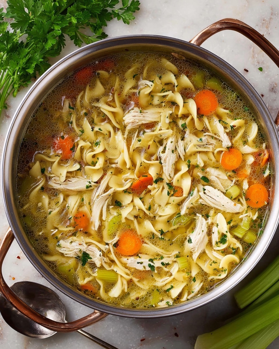 A metal pot filled with chicken noodle soup shows five main layers: the clear broth base with small herbs floating, tender shredded white chicken pieces placed throughout, thick egg noodles twisted and scattered everywhere, bright orange carrot slices cut into thin rounds, and light green celery pieces curved along the noodles. The pot is on a white marbled surface, with fresh parsley and celery stalks next to it. A silver ladle rests nearby. Photo taken with an iphone --ar 4:5 --v 7