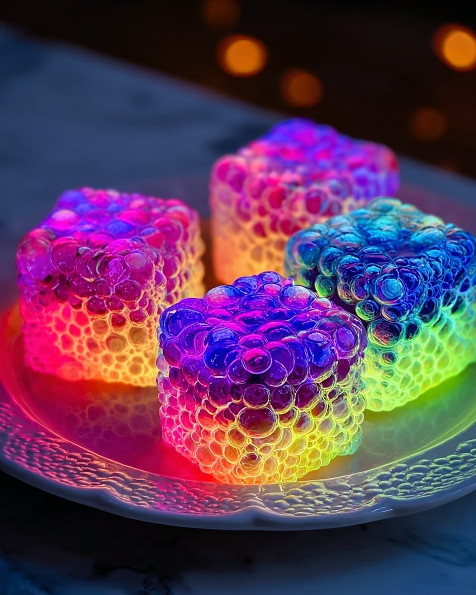 The image shows five small cube-shaped desserts covered in a bumpy, bubble-like texture. Each cube has a glowing, neon-like gradient with bright colors: purple, pink, yellow, green, and blue. The cubes are arranged close together on a round white plate that has a decorative edge. The plate rests on a white marbled surface. The lighting makes the cubes appear shiny and almost translucent, giving a striking and colorful look to the dish. photo taken with an iphone --ar 4:5 --v 7