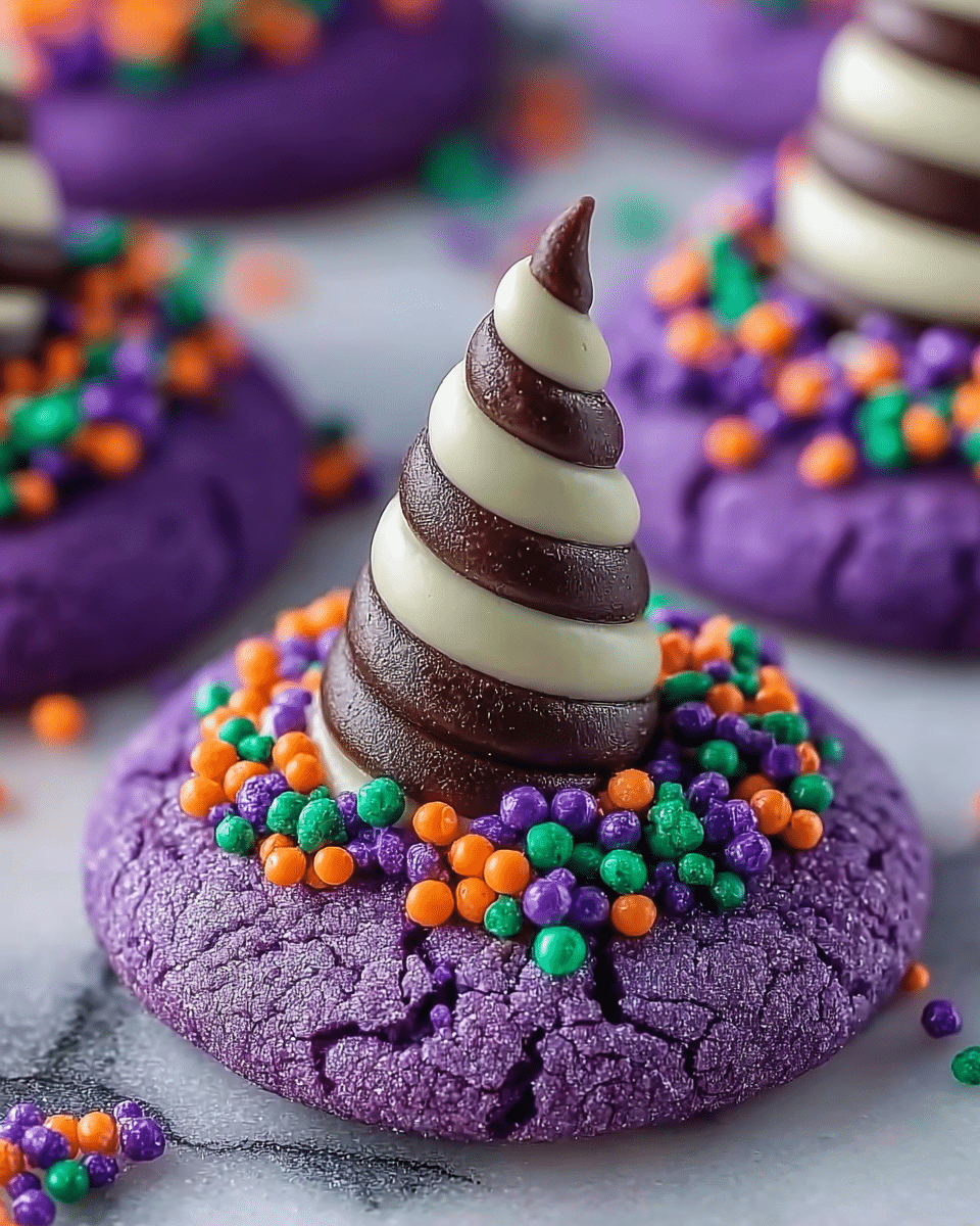 The image shows a close-up of a purple cookie with a cracked texture, topped with a pile of small round sprinkles in orange, green, and purple colors. In the center of the cookie, there is a striped cone-shaped chocolate piece with alternating dark brown and white swirls. The cookie is placed on a white marbled surface with other similar cookies blurred in the background, all sharing the same decoration style. photo taken with an iphone --ar 4:5 --v 7