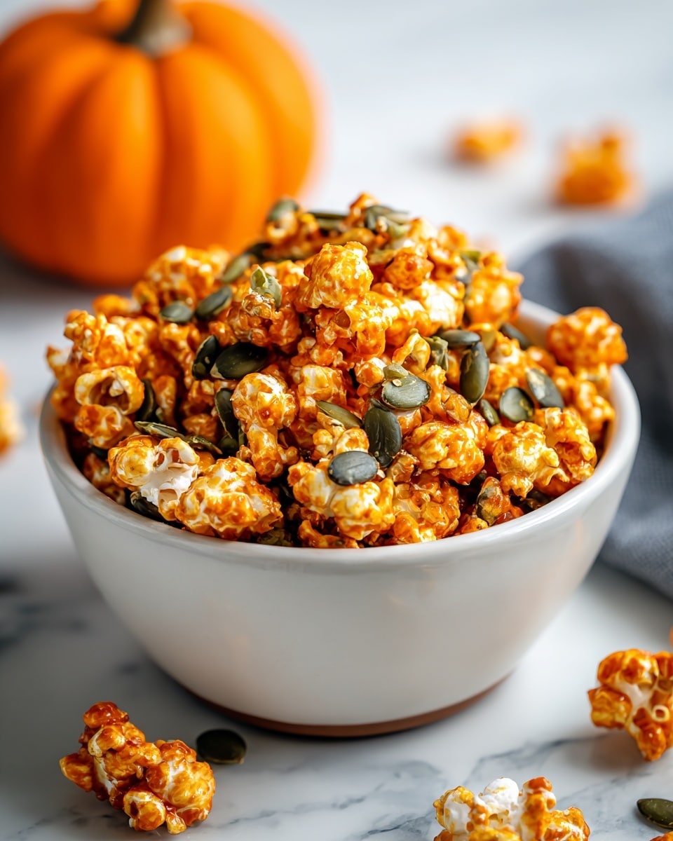 A textured grey bowl filled with bright orange popcorn coated in a glossy spice mix, scattered with dark green pumpkin seeds, sits on a white marbled surface; in the background, a blurred orange pumpkin adds a warm fall touch, with a few popcorn pieces scattered around the bowl. photo taken with an iphone --ar 4:5 --v 7