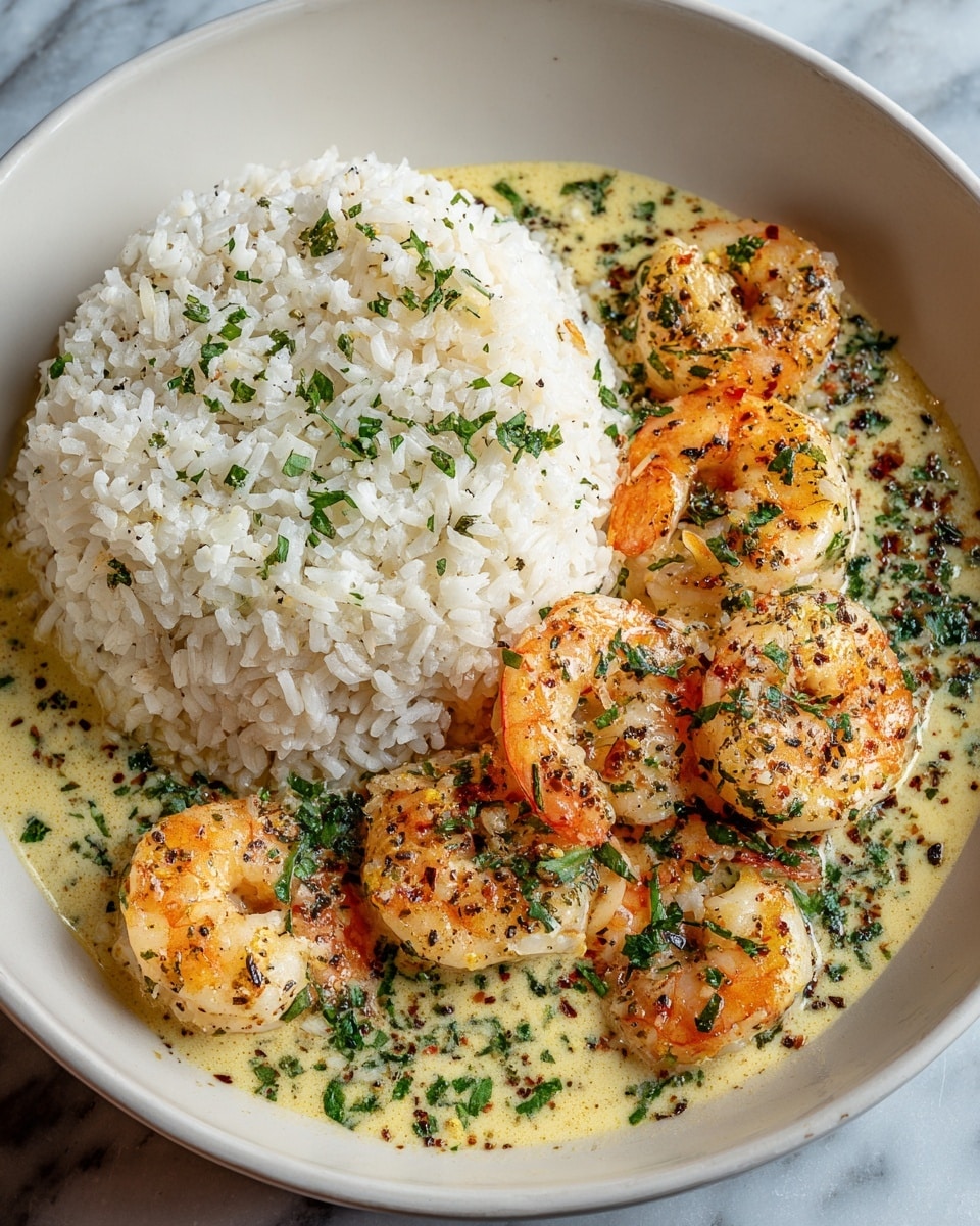 A white bowl holds a dish with two main parts; on the left, there is a mound of fluffy white rice sprinkled with small bits of chopped green herbs. On the right side, a creamy light yellow sauce covers several plump, pink shrimp, each speckled with green herbs and black pepper flakes. The sauce has a slightly thick texture, pooling around the shrimp and blending towards the edge of the rice. The bowl sits on a white marbled surface, and the overall colors are soft and warm with a fresh touch from the green herbs. photo taken with an iphone --ar 4:5 --v 7