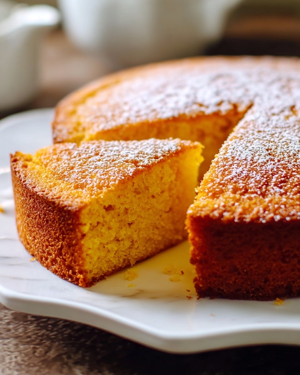 A thick round cake with a golden brown crust and a moist, bright yellow inside, shown with one slice cut out and slightly pulled away, revealing the soft, fluffy texture inside. The cake has a lightly cracked top with a fine dusting of sugar crystals. It sits on a white plate with a delicate edge, against a blurred background. Photo taken with an iphone --ar 4:5 --v 7