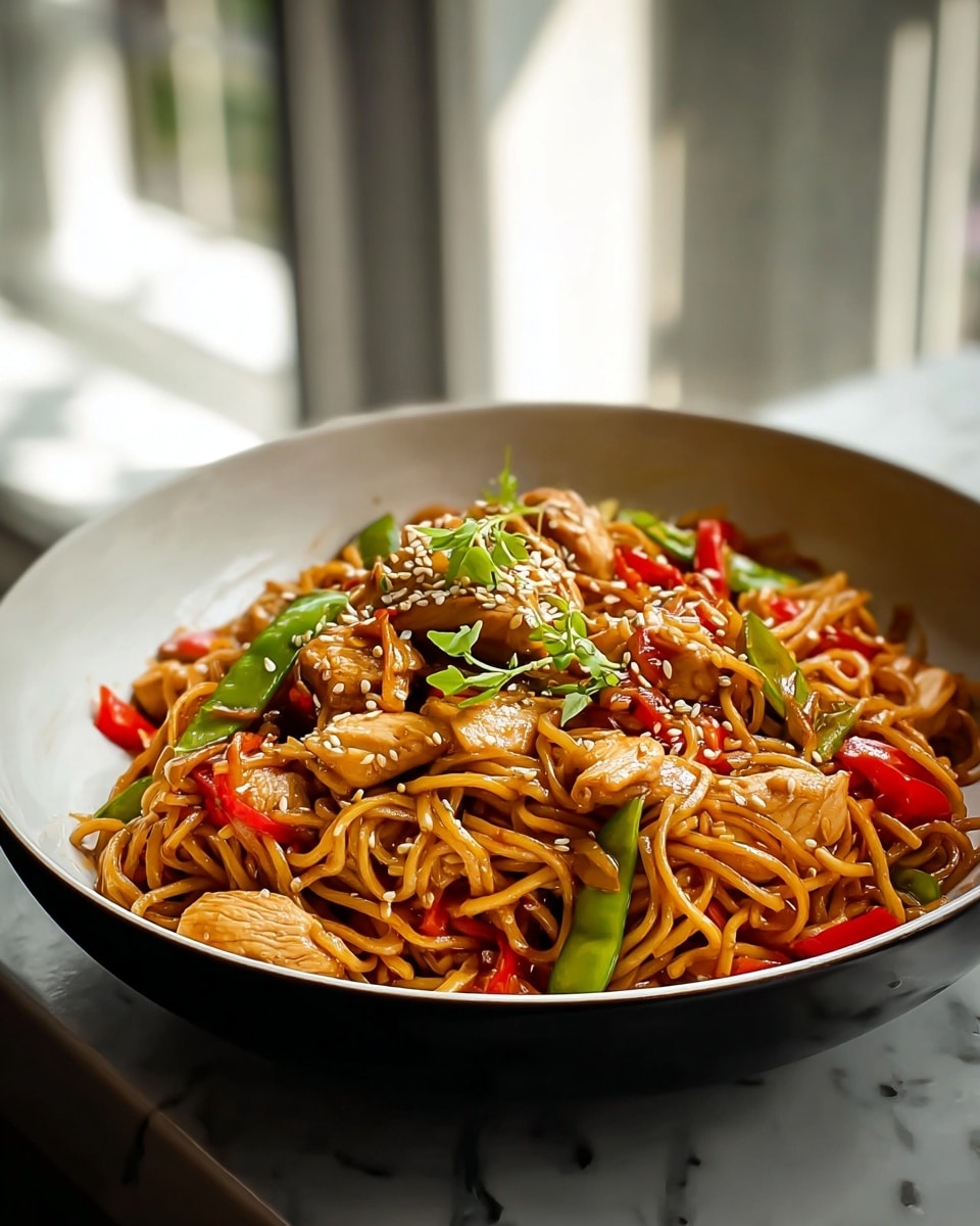 A close-up view of a black bowl filled with stir-fried noodles, showing several layers starting with long, thin, glossy brown noodles mixed with chunky pieces of light brown cooked chicken. On top and intertwined through the noodles are bright red strips of bell pepper and vibrant green snap peas and leafy greens, adding a fresh contrast. The dish is sprinkled lightly with small white sesame seeds that add texture and detail. The bowl sits on a white marbled surface with soft natural light coming from the side. photo taken with an iphone --ar 4:5 --v 7