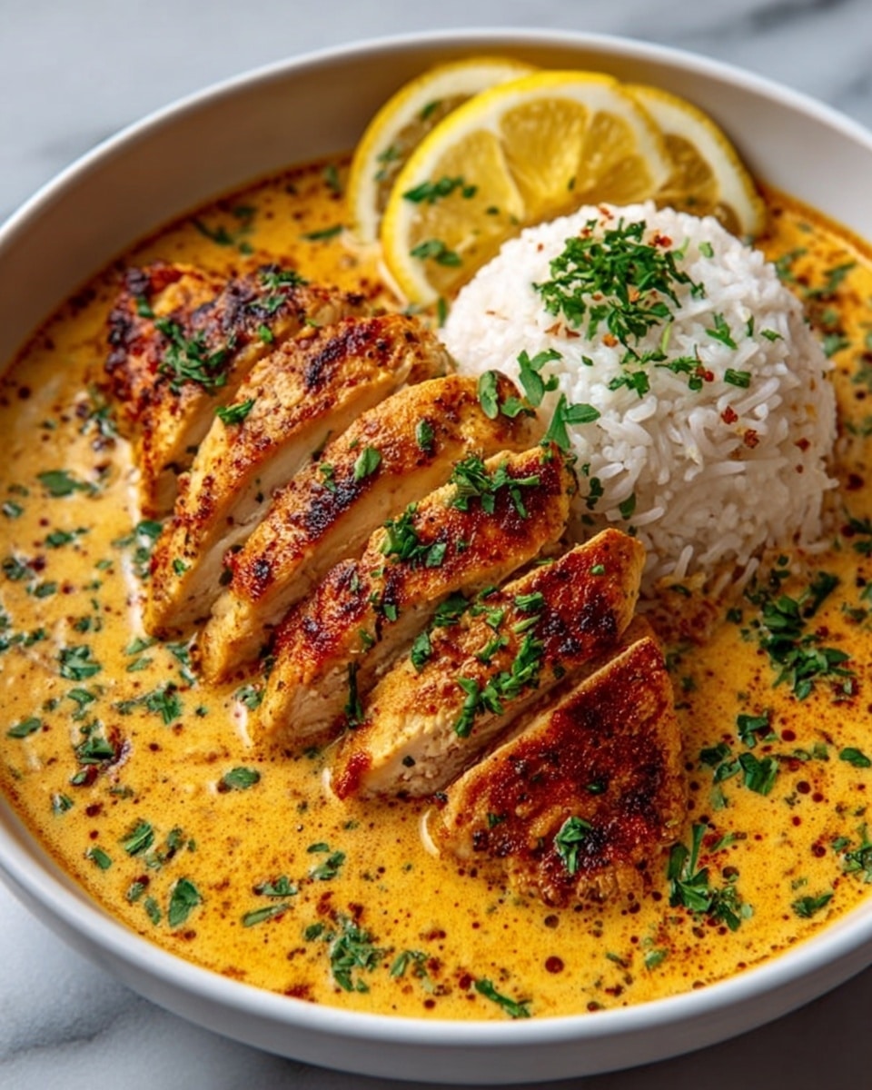 The image shows a white bowl filled with a creamy orange-yellow sauce as the base layer, with specks of herbs and spices creating a textured surface. On top of the sauce, there are three pieces of grilled chicken breast, sliced but still together, with golden-brown grill marks and a slightly crispy texture. To the right of the chicken, there is a mound of fluffy white rice garnished with small bits of green herbs. Two thin lemon slices rest on the edge of the bowl near the rice, adding a bright yellow contrast. The whole dish is sprinkled with fresh chopped green herbs, giving a fresh look. The bowl is set on a white marbled surface. Photo taken with an iphone --ar 4:5 --v 7