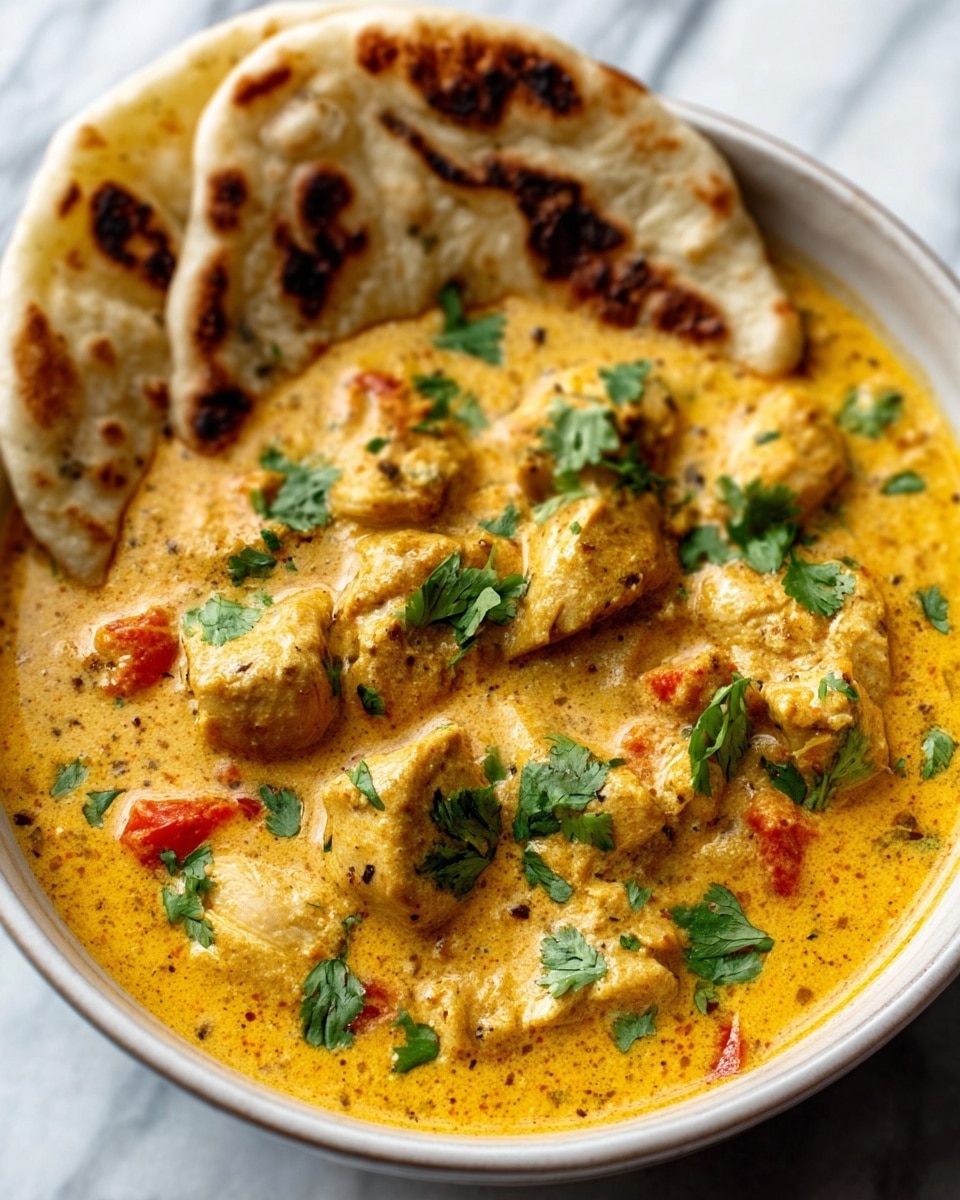 A close-up view of a bowl filled with creamy yellow curry containing chunks of chicken and small pieces of red tomatoes, garnished with green cilantro leaves scattered on top. Along one side inside the bowl, there are two pieces of round naan bread with light brown char marks resting on the curry. The bowl is white and sits on a white marbled surface. The texture of the curry looks smooth and rich, with the chicken pieces clearly visible within the sauce. Photo taken with an iphone --ar 4:5 --v 7