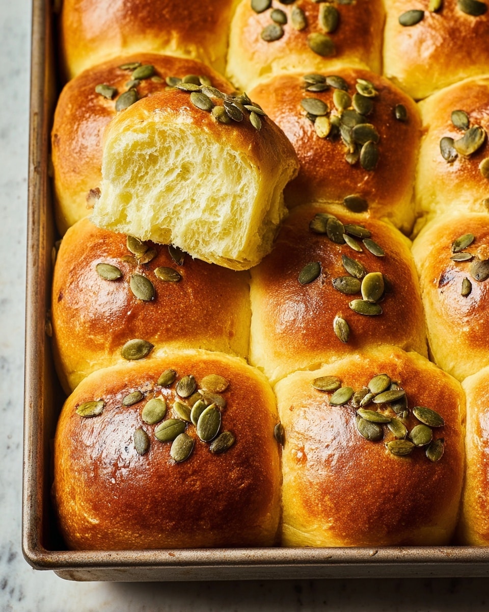 The image shows a close-up of twelve soft, golden-brown bread rolls baked together in a metal tray, each topped with scattered green pumpkin seeds. One roll at the upper left corner is slightly pulled away, revealing a fluffy, light yellow inside texture that looks soft and airy. The shiny tops of the rolls have a slightly toasted look, with some seeds resting near the edges where the rolls touch. The whole scene is set on a white marbled texture. photo taken with an iphone --ar 4:5 --v 7