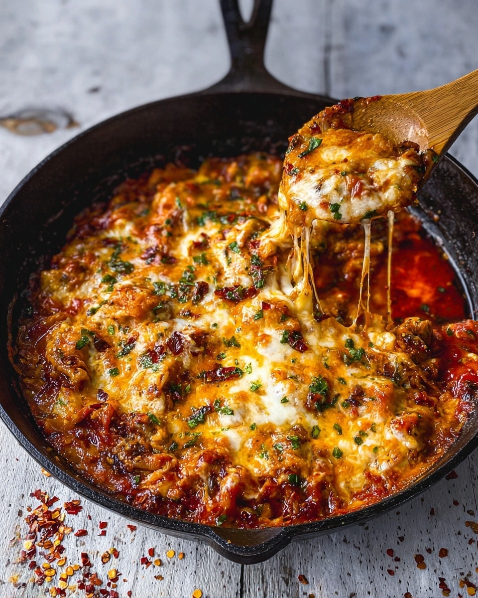 The image shows a round black pan filled with a cooked dish. The dish has a thick layer of melted yellow and white cheese mixed with some green herbs spread mostly in the center. Underneath, there is a rich orange-red tomato-based sauce with visible chunks of cooked vegetables or meat. A wooden spoon is scooping the food from the right side of the pan, showing the layered texture of melted cheese and sauce. The pan is placed on a white marbled surface. Photo taken with an iphone --ar 4:5 --v 7