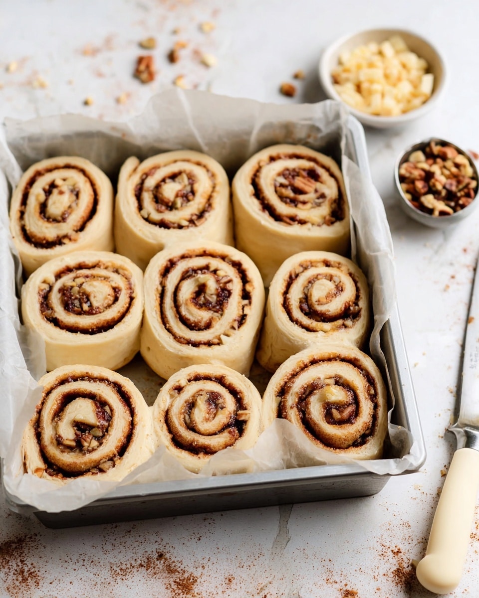 A tray of nine cinnamon rolls is placed on a white marbled surface, each roll showing three to four visible spiral layers with light beige dough and a dark brown cinnamon filling mixed with small light tan chunks, possibly nuts or apple pieces. The cinnamon rolls are tightly packed together in a metal baking tray lined with parchment paper. In the background to the right, there are two small bowls – one filled with more light tan chopped pieces and the other with brown nuts. A silver knife with a cream-colored handle lies diagonally near the tray's corner, and the surface is sprinkled lightly with flour and cinnamon powder. Photo taken with an iphone --ar 4:5 --v 7