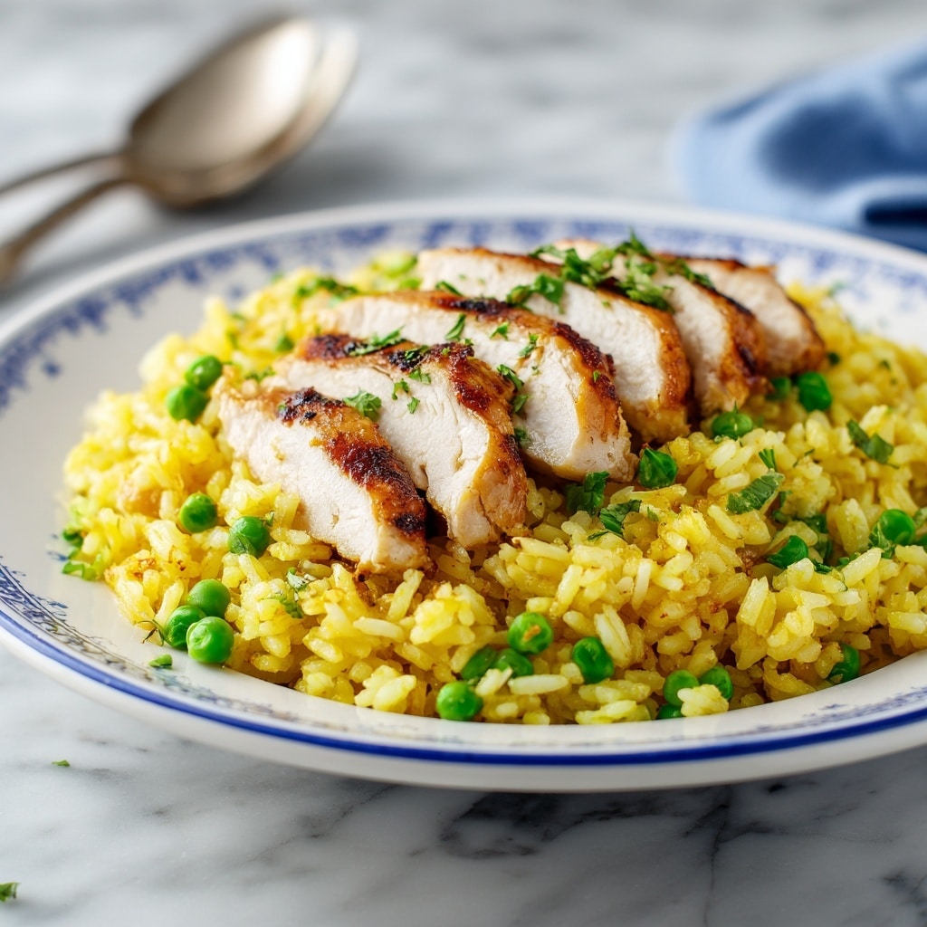 A white plate with a blue inner rim holds a single layer of yellow rice mixed with green peas. On top of the rice, near the center, there is a row of sliced grilled chicken, showing a light brown grilled texture with grill marks on the surface. The rice has a soft and fluffy texture, and the peas add a pop of green color throughout. The plate sits on a white marbled surface, and there is a silver spoon with a blue napkin in the blurred background. photo taken with an iphone --ar 4:5 --v 7
