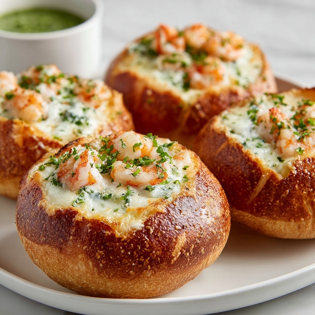 The image shows round, hollowed-out bread rolls with a golden-brown crust and a soft texture inside, filled with a creamy, white cheese mixture. On top of the cheese layer are small, pink shrimp pieces with slightly browned edges. The dish is sprinkled with finely chopped green herbs for color and freshness. The bread bowls are placed closely together on a white plate, set on a white marbled surface. In the background, there is a small white bowl containing a green sauce, slightly blurred. photo taken with an iphone --ar 4:5 --v 7