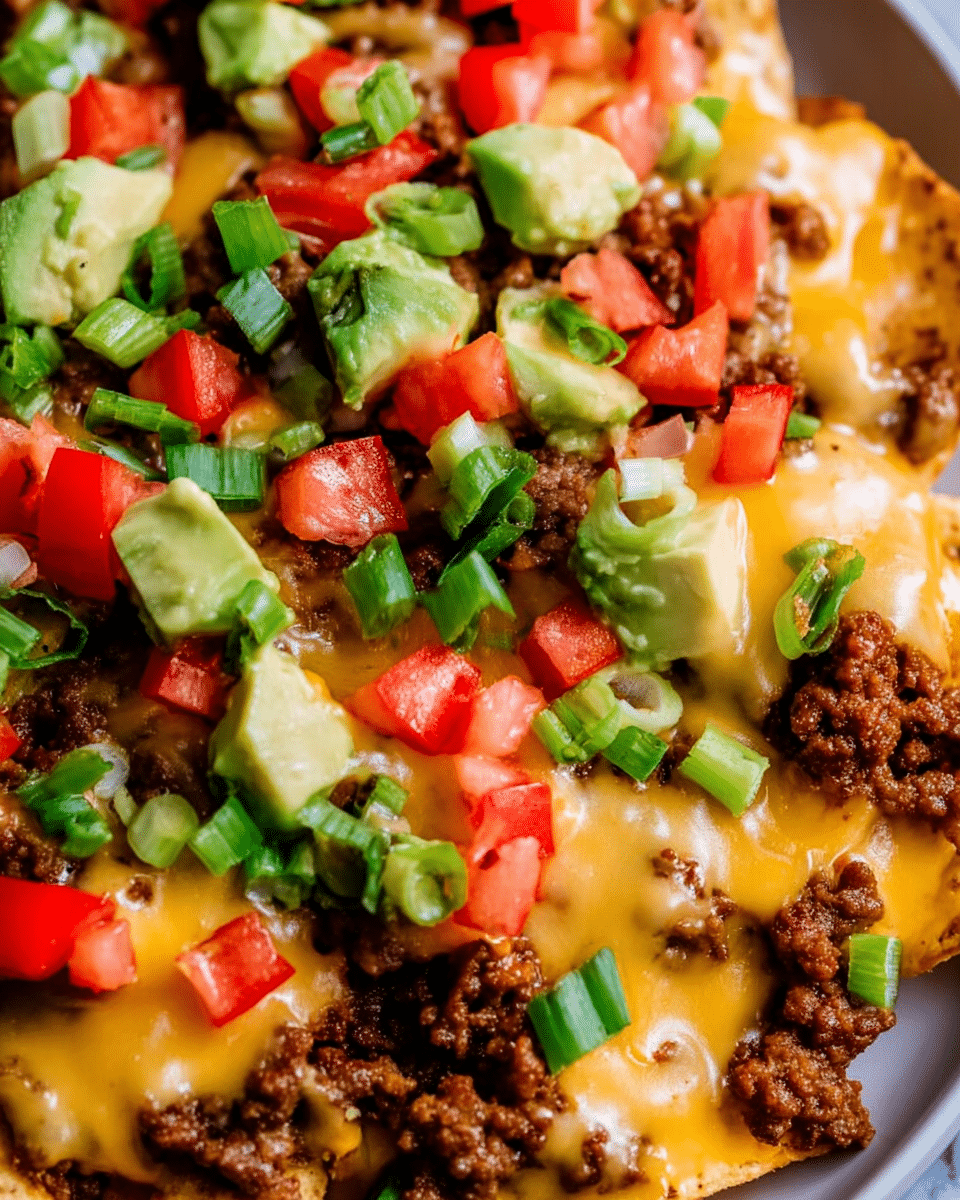 The image shows a close-up of nachos with multiple layers starting with a base of crispy yellow tortilla chips. Over the chips, there is a generous layer of browned ground beef, scattered evenly. Bright red diced tomatoes and chunks of green avocado are spread on top, adding fresh color and texture. A thick, yellow-orange cheese sauce is drizzled all over, covering much of the dish with a smooth, creamy texture. Green onion slices are sprinkled generously, adding small pops of bright green. The dish rests on a white plate over a white marbled surface. Photo taken with an iphone --ar 4:5 --v 7