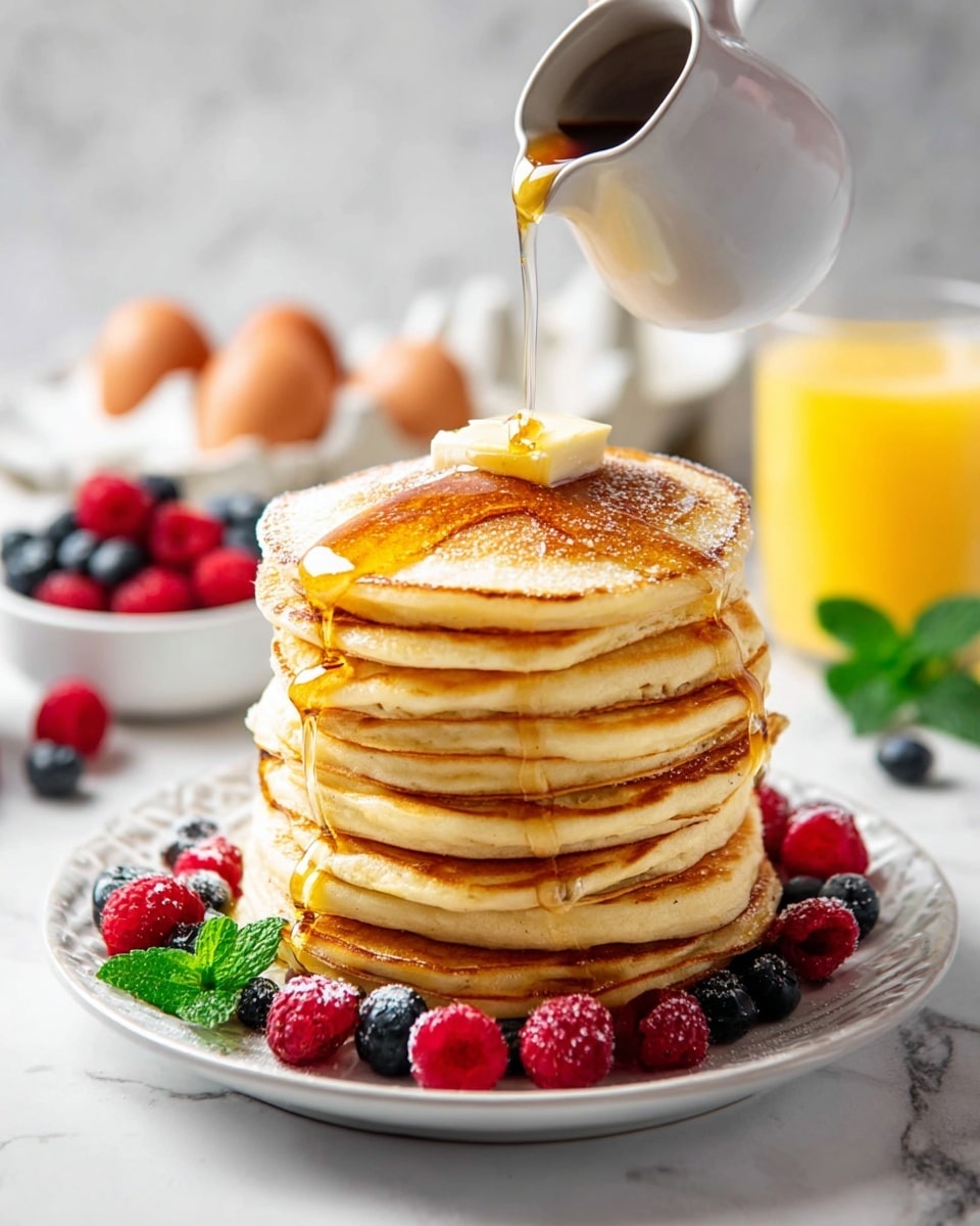 A tall stack of seven golden-brown pancakes sits in the center of a white plate. Each pancake layer shows a soft, fluffy texture with lightly browned edges. On top, a dollop of melting butter rests, while golden syrup is being poured over it, dripping down the sides of the stack. Bright fresh berries, including red raspberries and dark blueberries, are arranged around the base of the pancakes, adding bursts of color. In the blurry background, a woman’s hand holds the syrup pitcher. The scene is set on a white marbled surface with a carton of white eggs, a glass of orange juice, and a small white bowl filled with more berries and a mint sprig slightly visible. photo taken with an iphone --ar 4:5 --v 7
